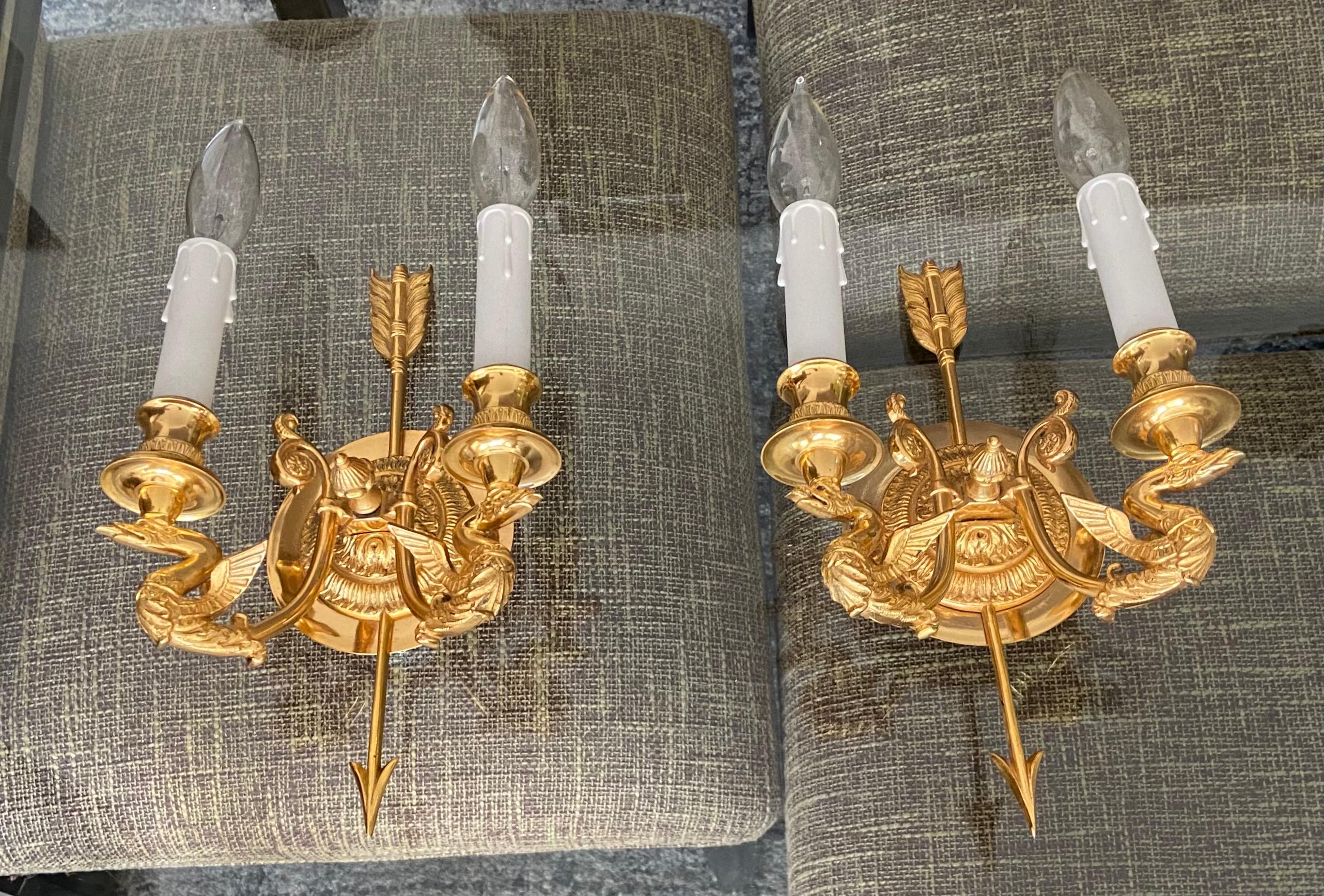 Pair of French Empire Style Arrow Swan Wall Sconces In Good Condition In Palm Springs, CA