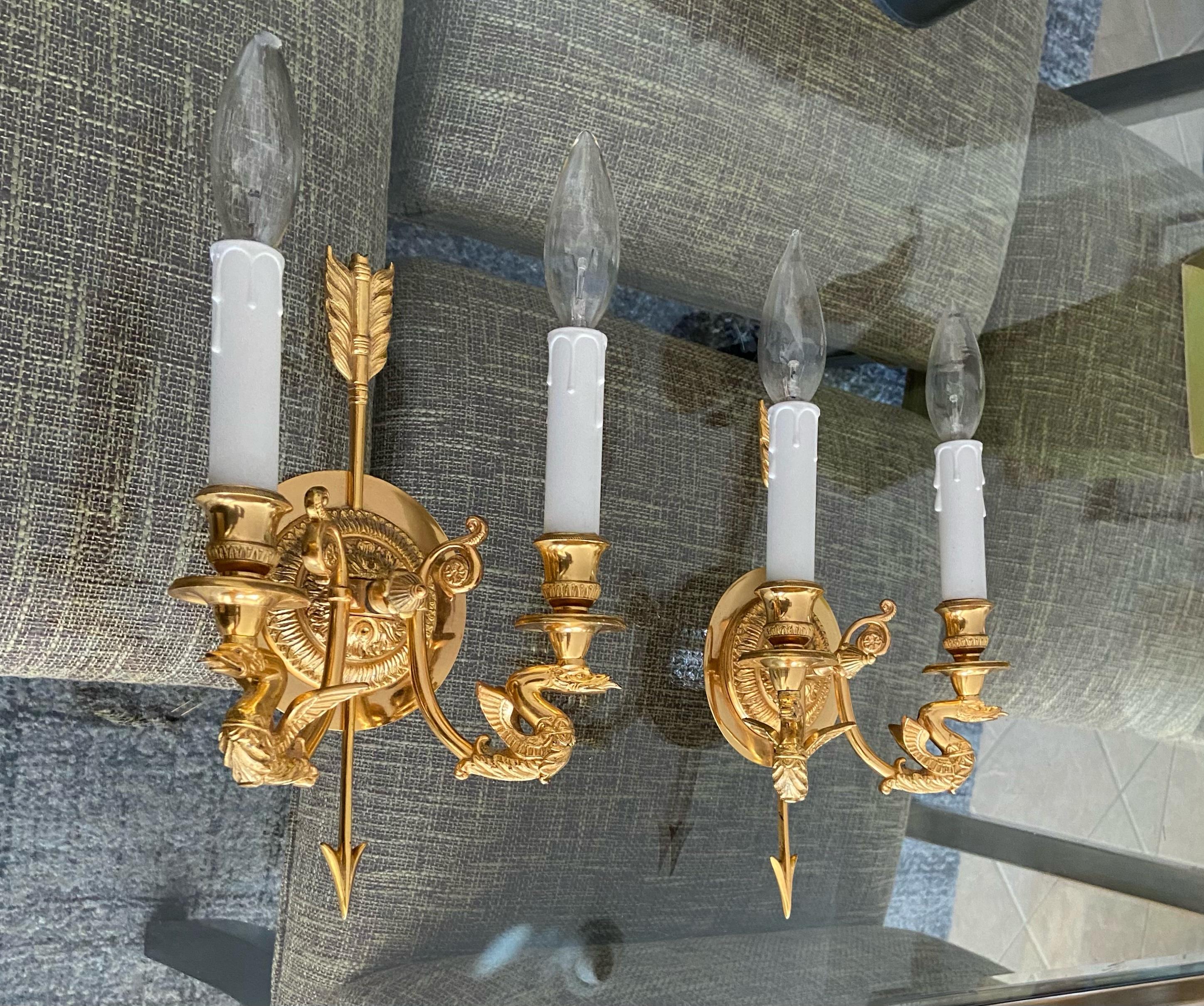 Late 20th Century Pair of French Empire Style Arrow Swan Wall Sconces