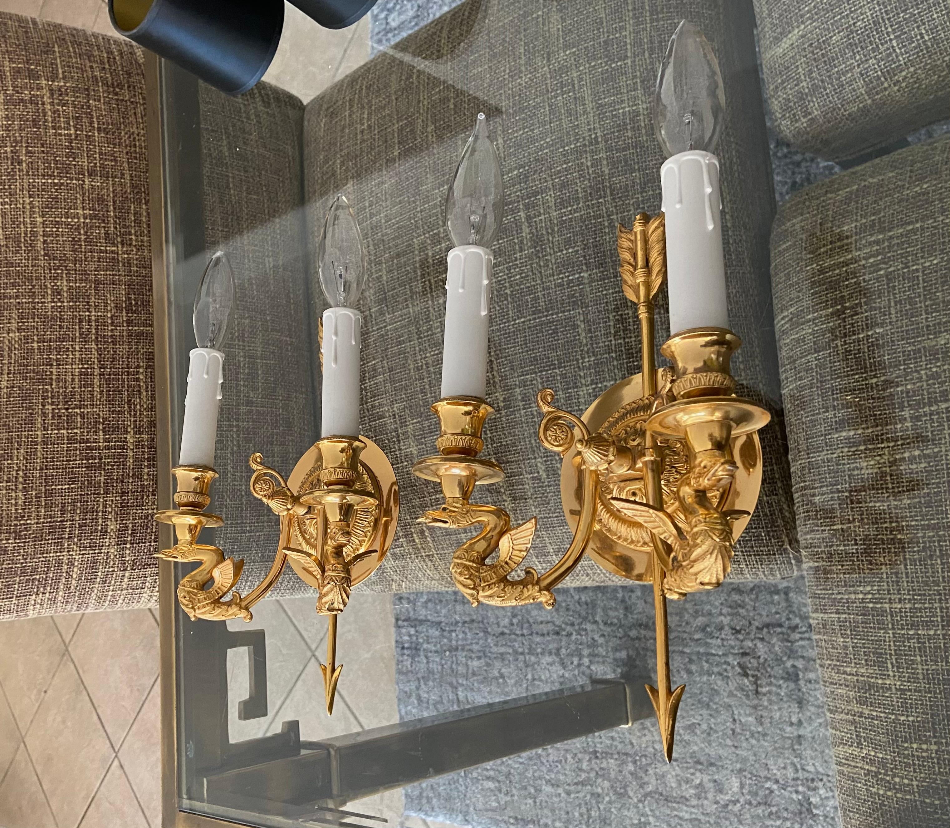 Pair of French Empire Style Arrow Swan Wall Sconces 3