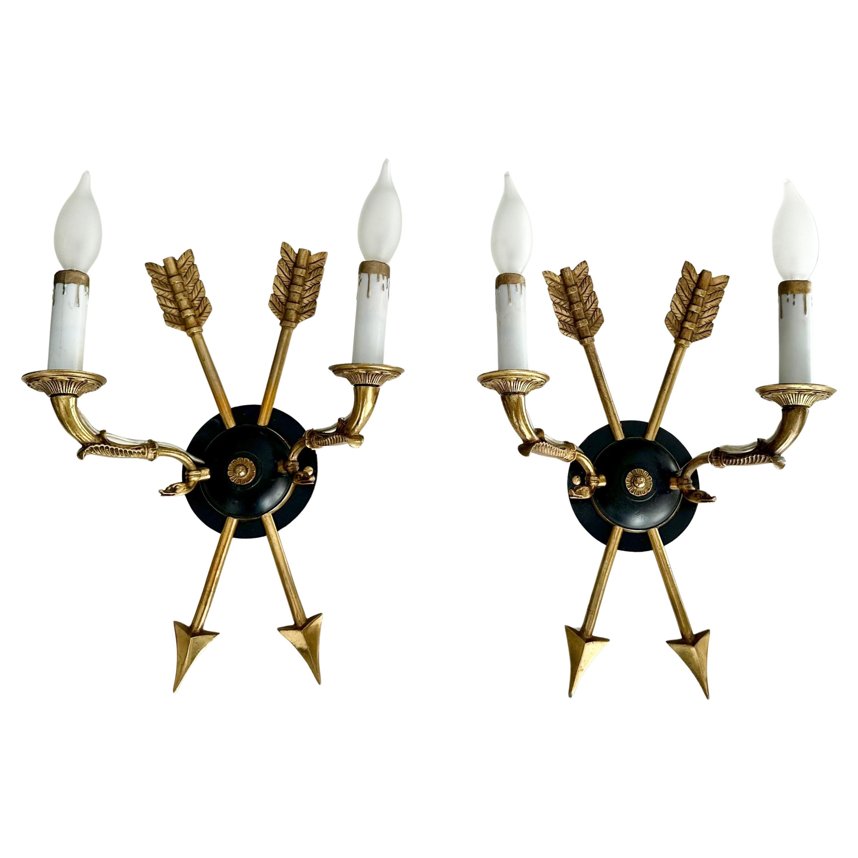 Pair French Empire Style Arrow Swan Wall Sconces For Sale