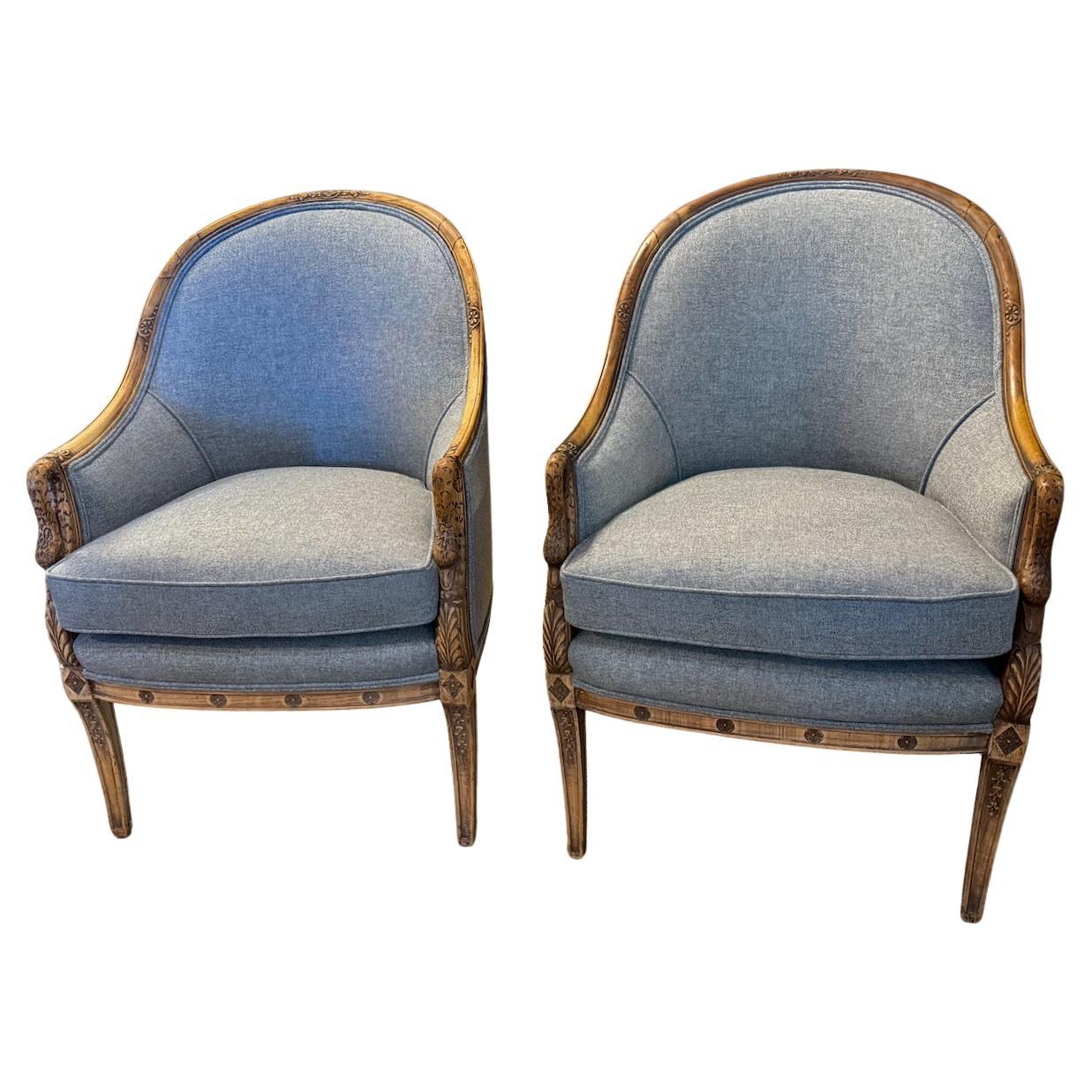 Pair French Empire Style Barrel Back Bergeres, c. 1930-1940 For Sale