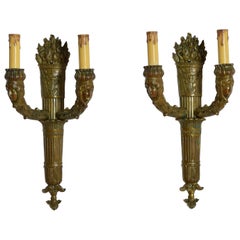 Pair French Empire Style Brass 2-Arm Sconces, early 20th century