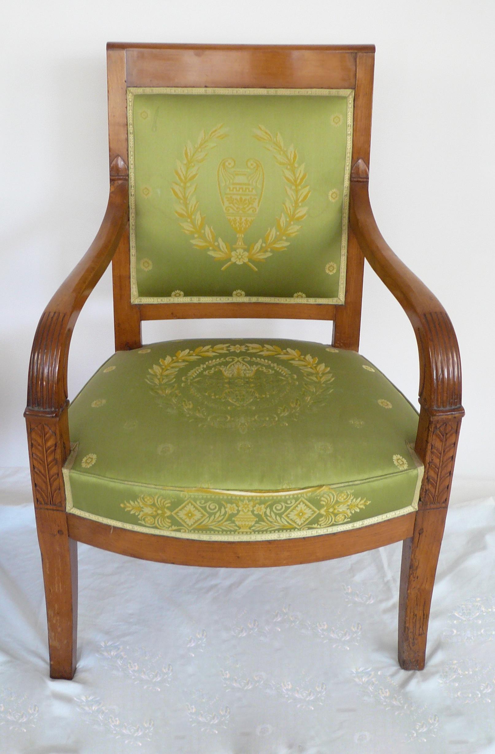 Pair of French Empire Style Carved Fruitwood Open Armchairs For Sale 6