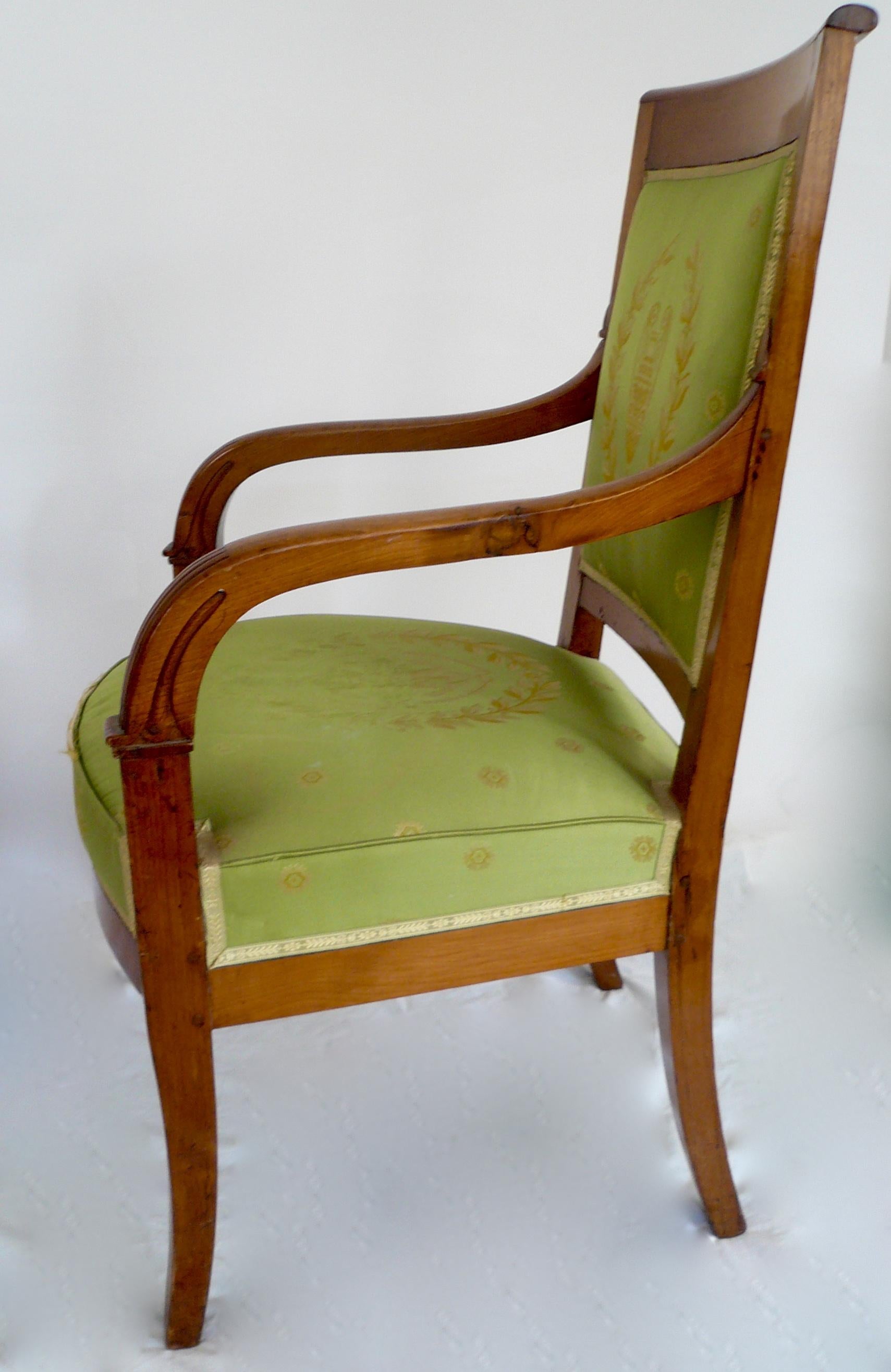 Pair of French Empire Style Carved Fruitwood Open Armchairs For Sale 2