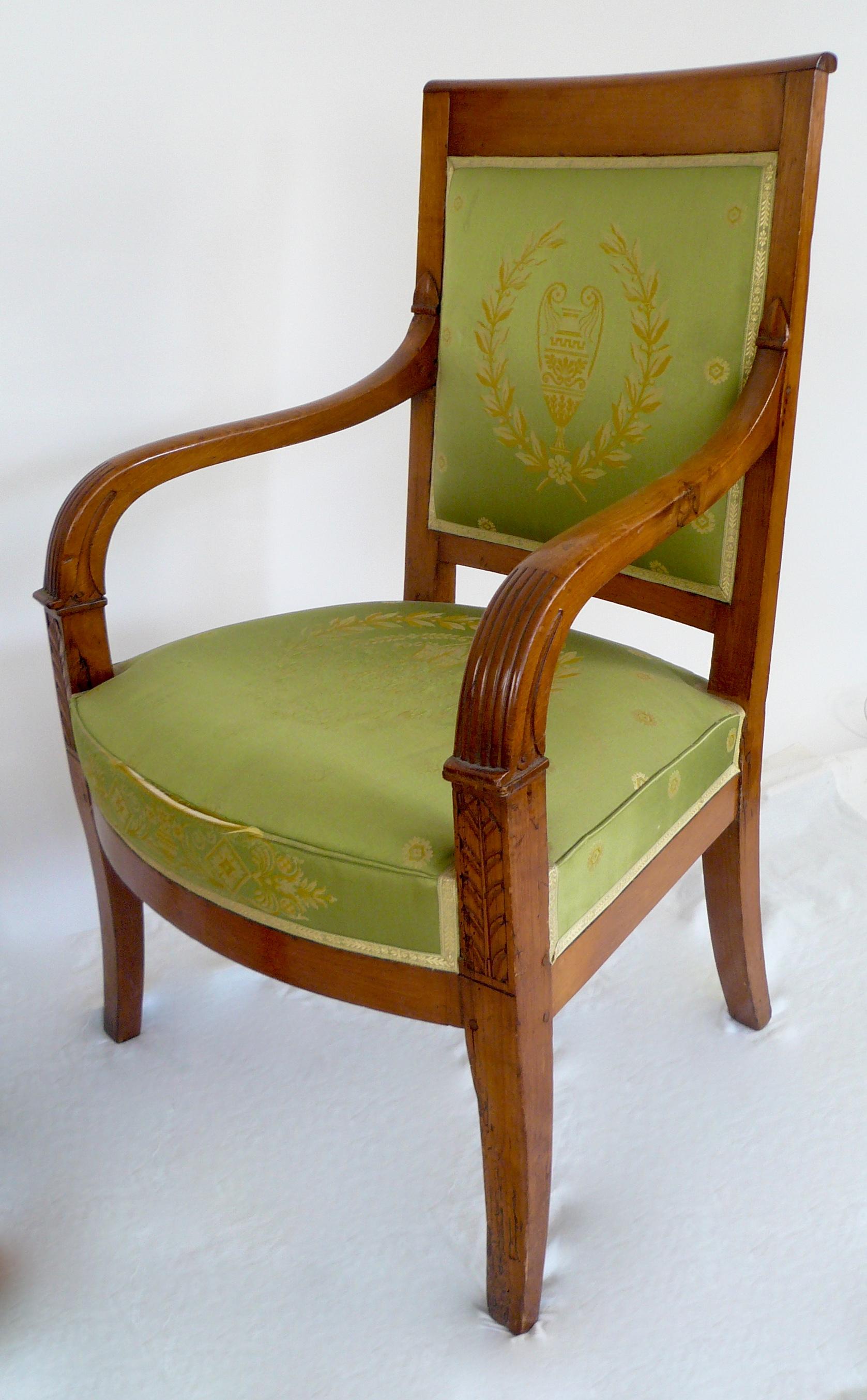 Pair of French Empire Style Carved Fruitwood Open Armchairs For Sale 3