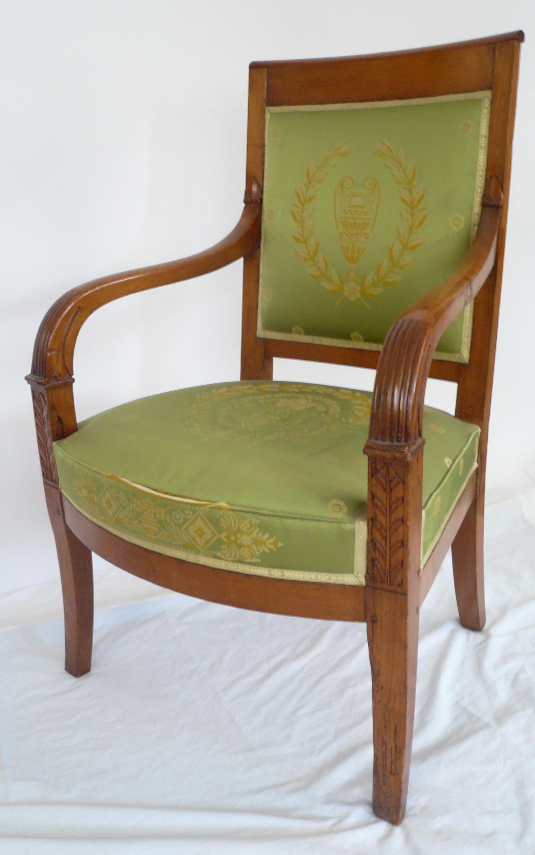 Pair of French Empire Style Carved Fruitwood Open Armchairs For Sale 4