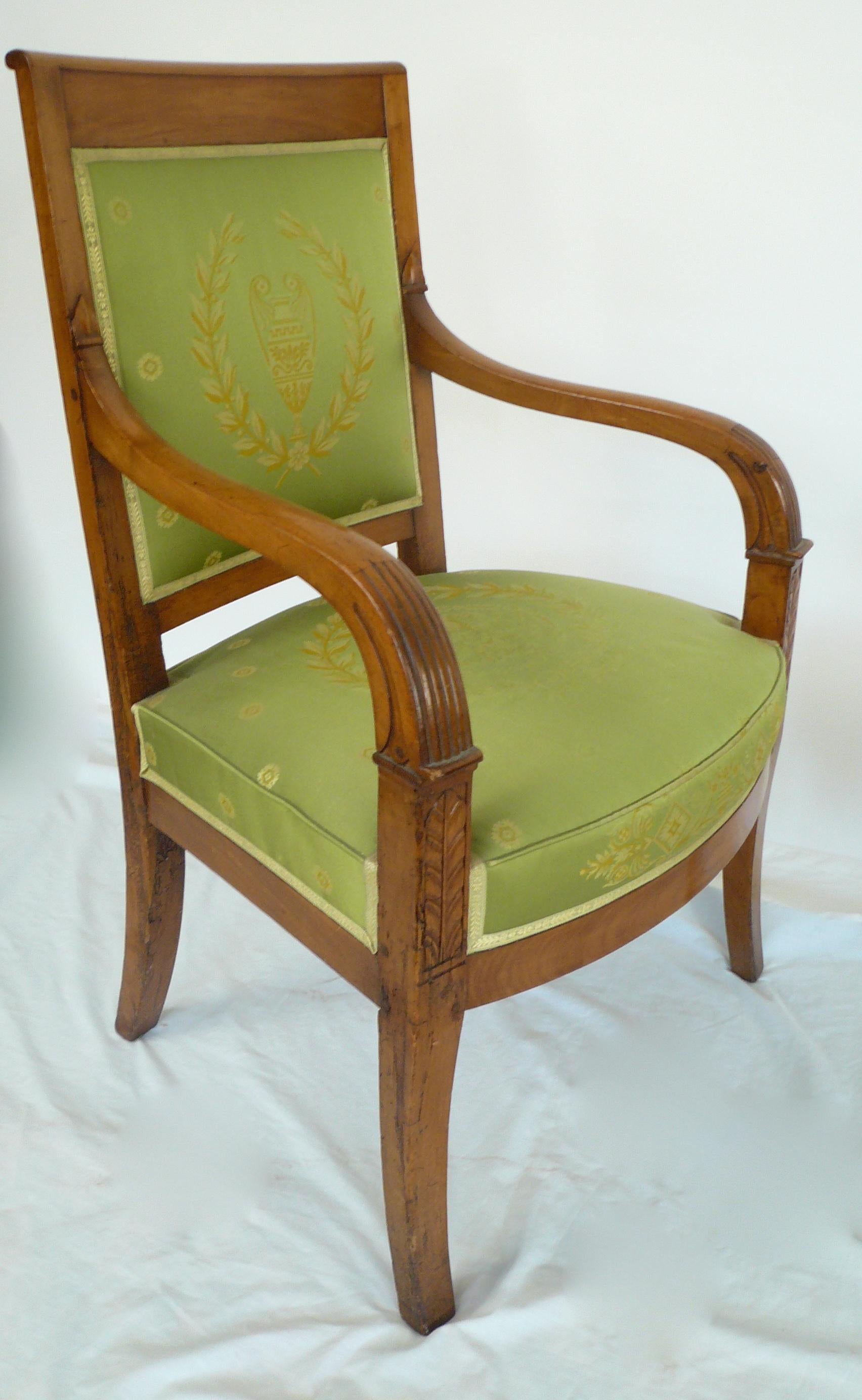 Pair of French Empire Style Carved Fruitwood Open Armchairs For Sale 5