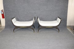 Pair French Empire Style Ebonized & Brass Mounted Upholstered Benches