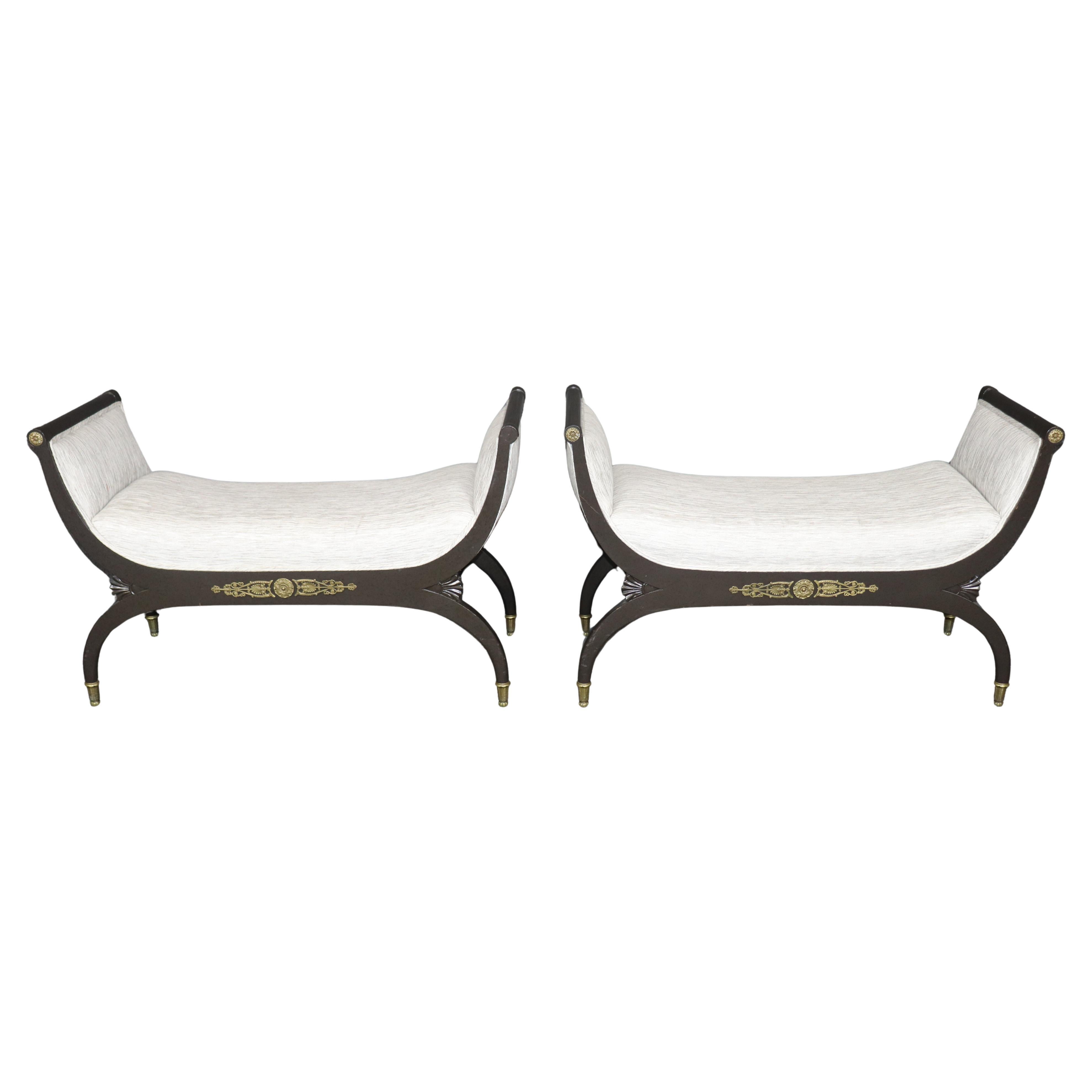 Pair French Empire Style Ebonized & Brass Mounted Upholstered Benches