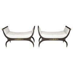 Pair French Empire Style Ebonized & Brass Mounted Upholstered Benches