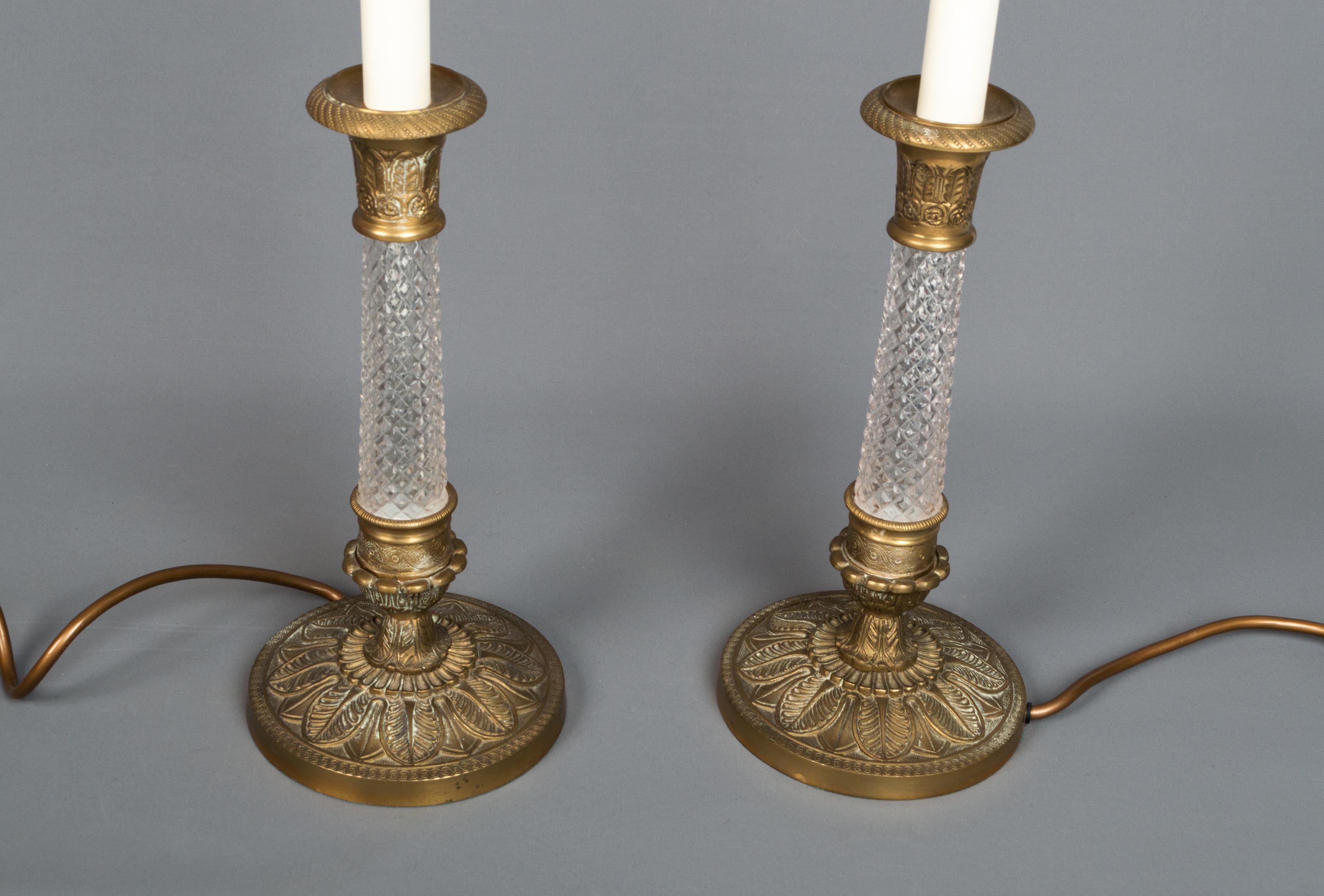 20th Century Pair French Empire Style Gilt and Cut Glass Candlestick Lamps For Sale