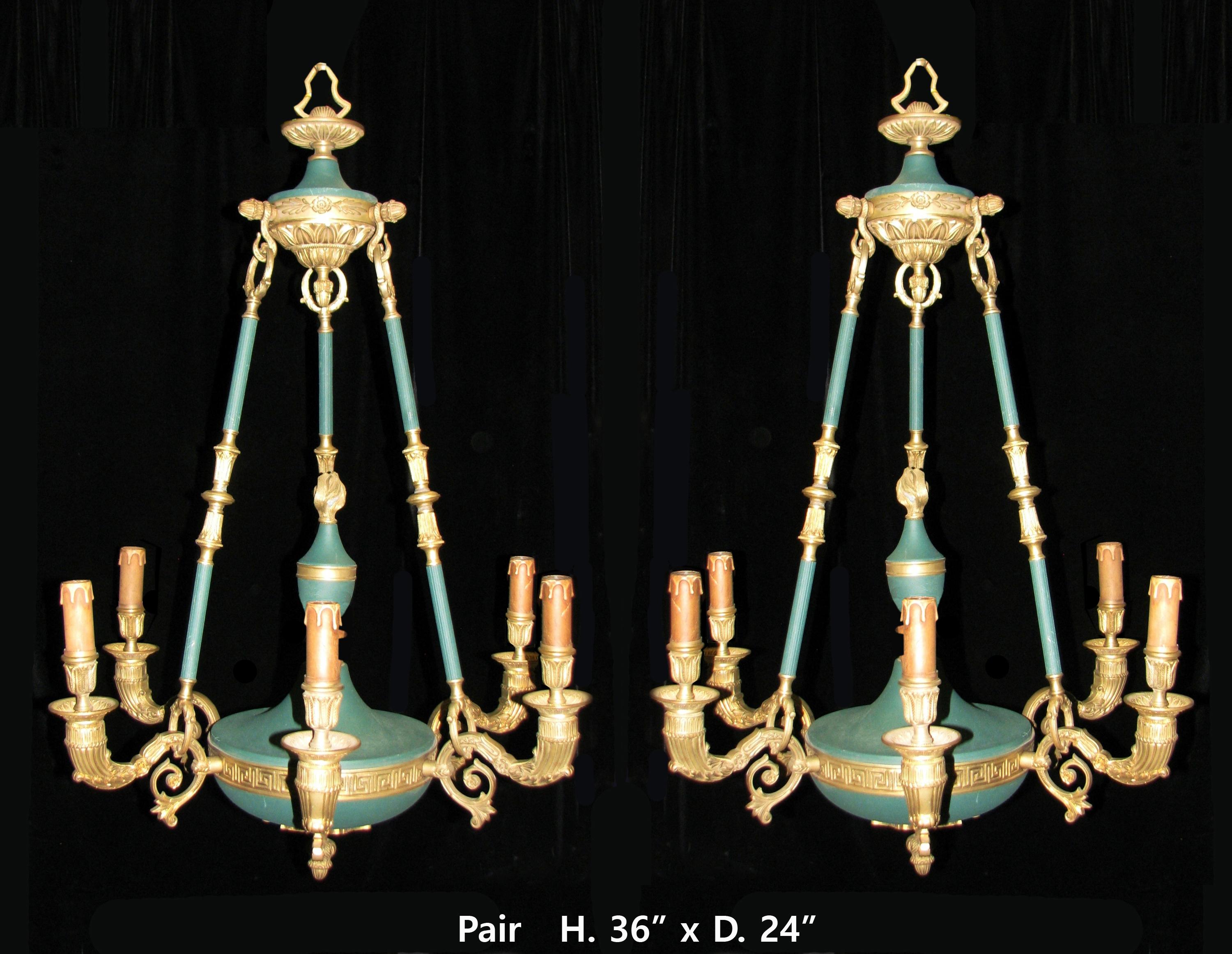Pair French Empire Style Gilt Bronze Chandeliers 6