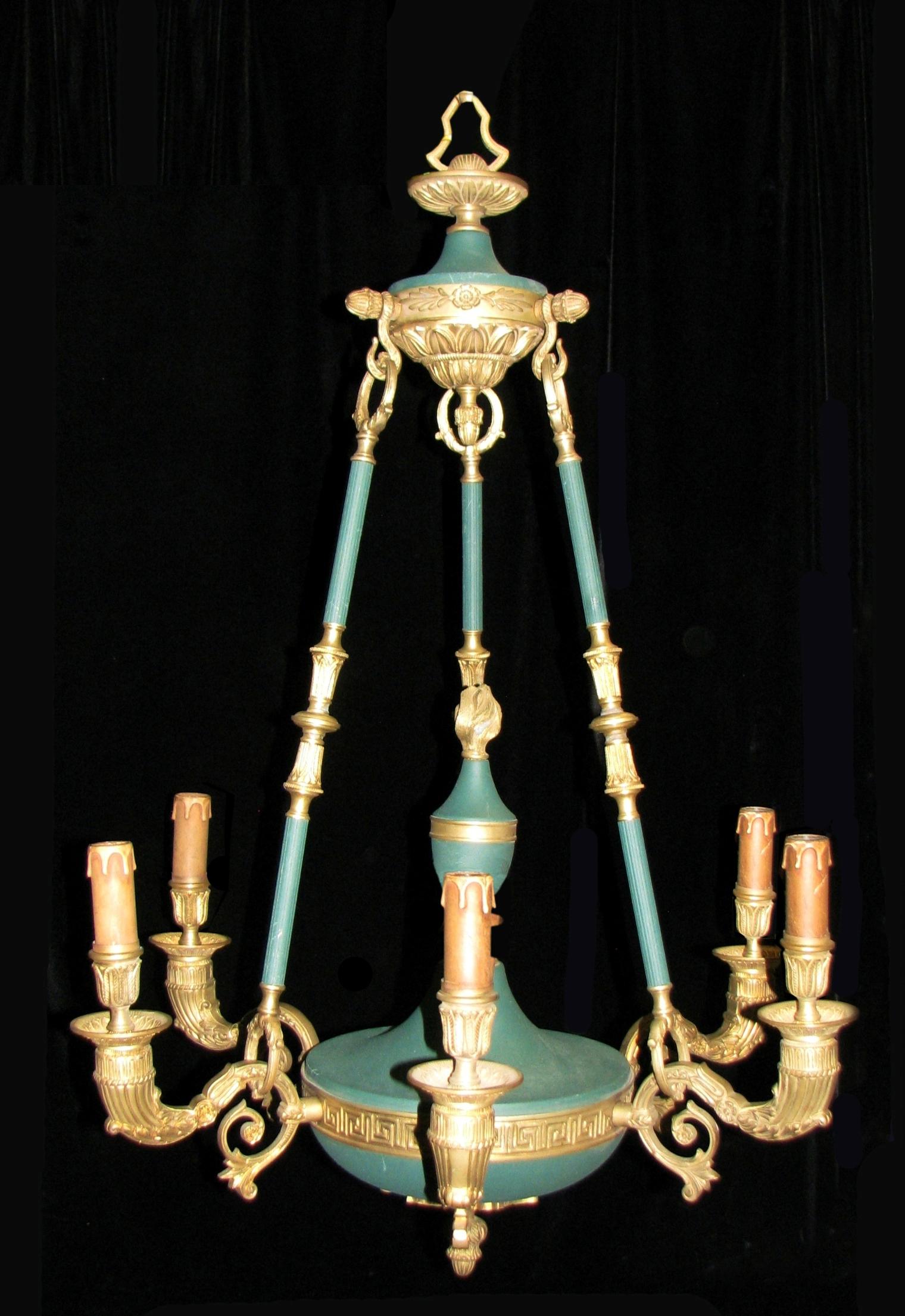 20th Century Pair French Empire Style Gilt Bronze Chandeliers