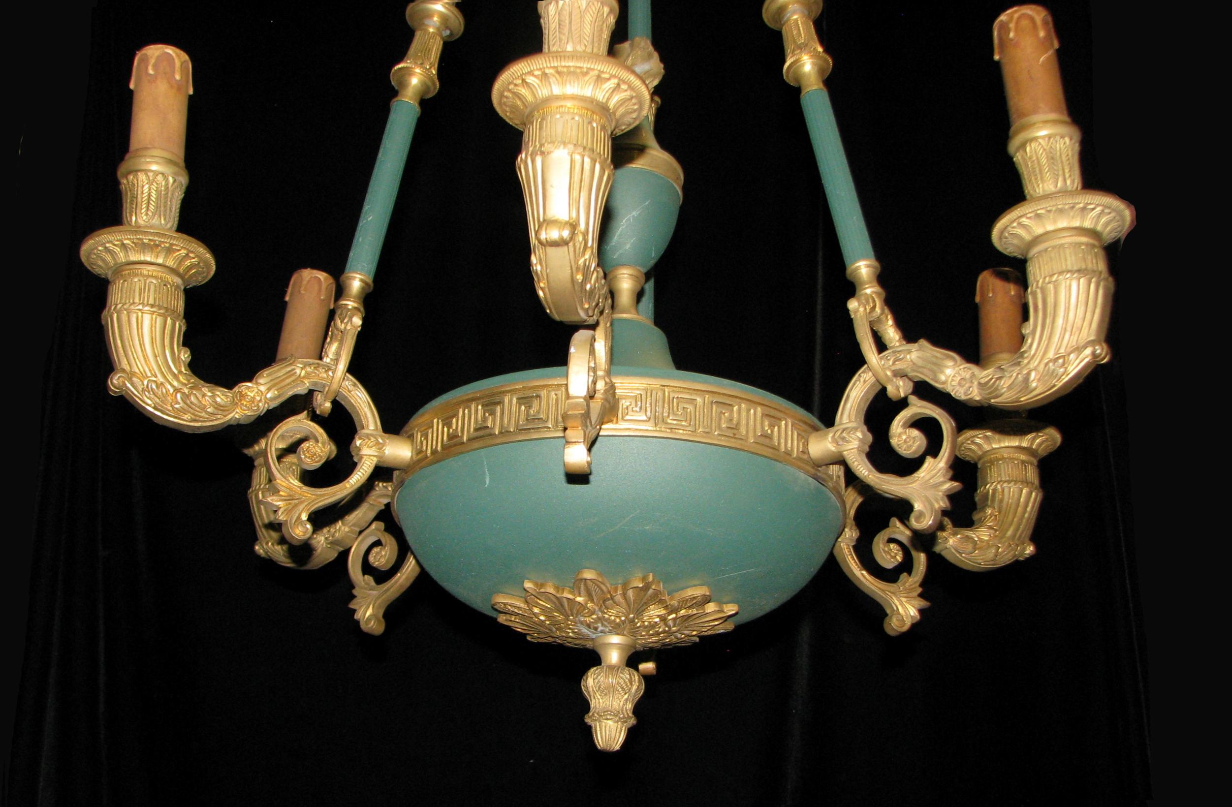 Pair French Empire Style Gilt Bronze Chandeliers 1