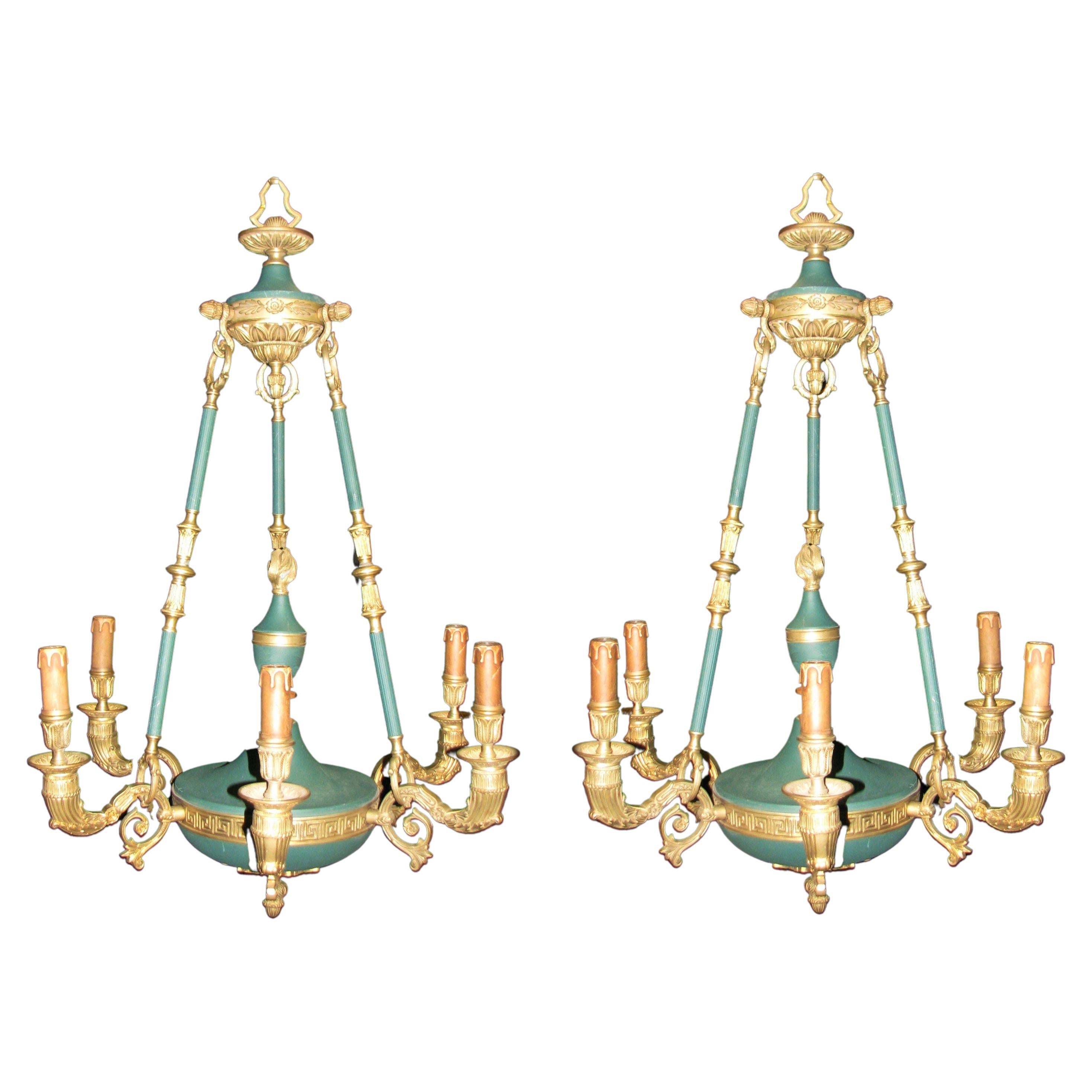 Pair French Empire Style Gilt Bronze Chandeliers