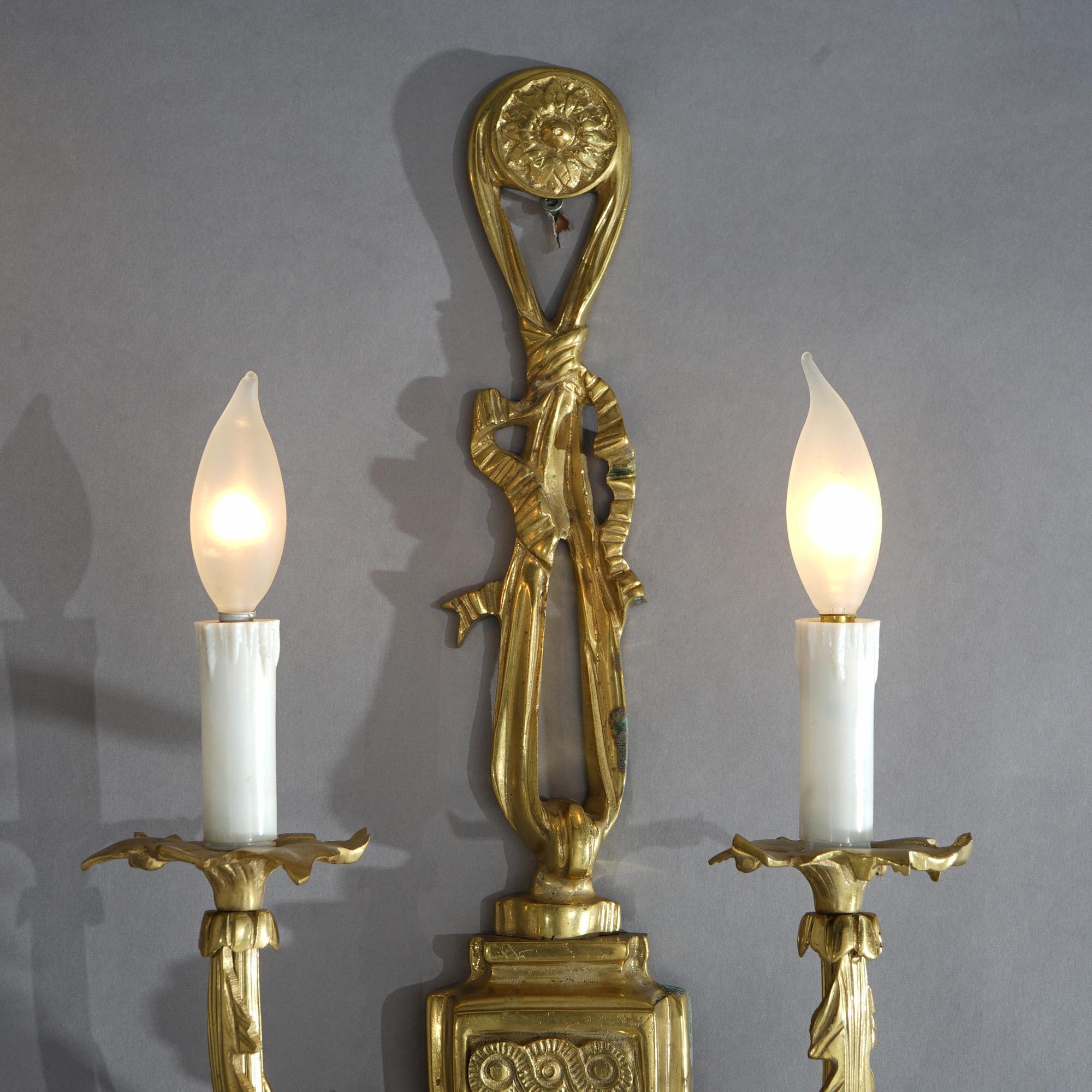 American Pair French Empire Style Gilt Bronze Double-Light Wall Sconces 20th C
