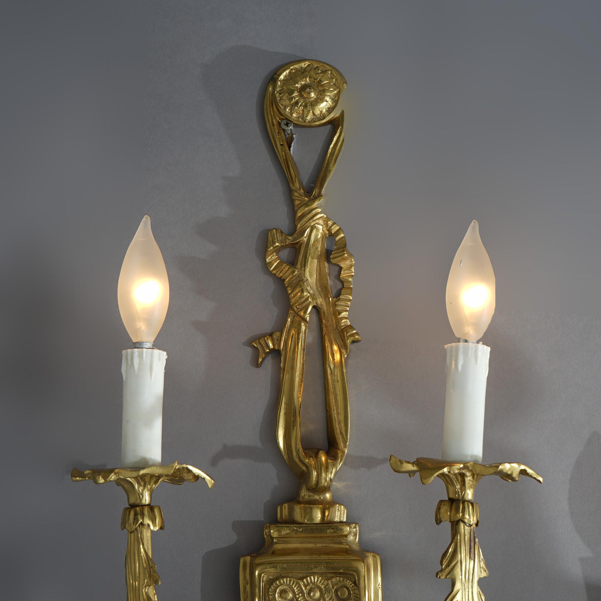 Cast Pair French Empire Style Gilt Bronze Double-Light Wall Sconces 20th C
