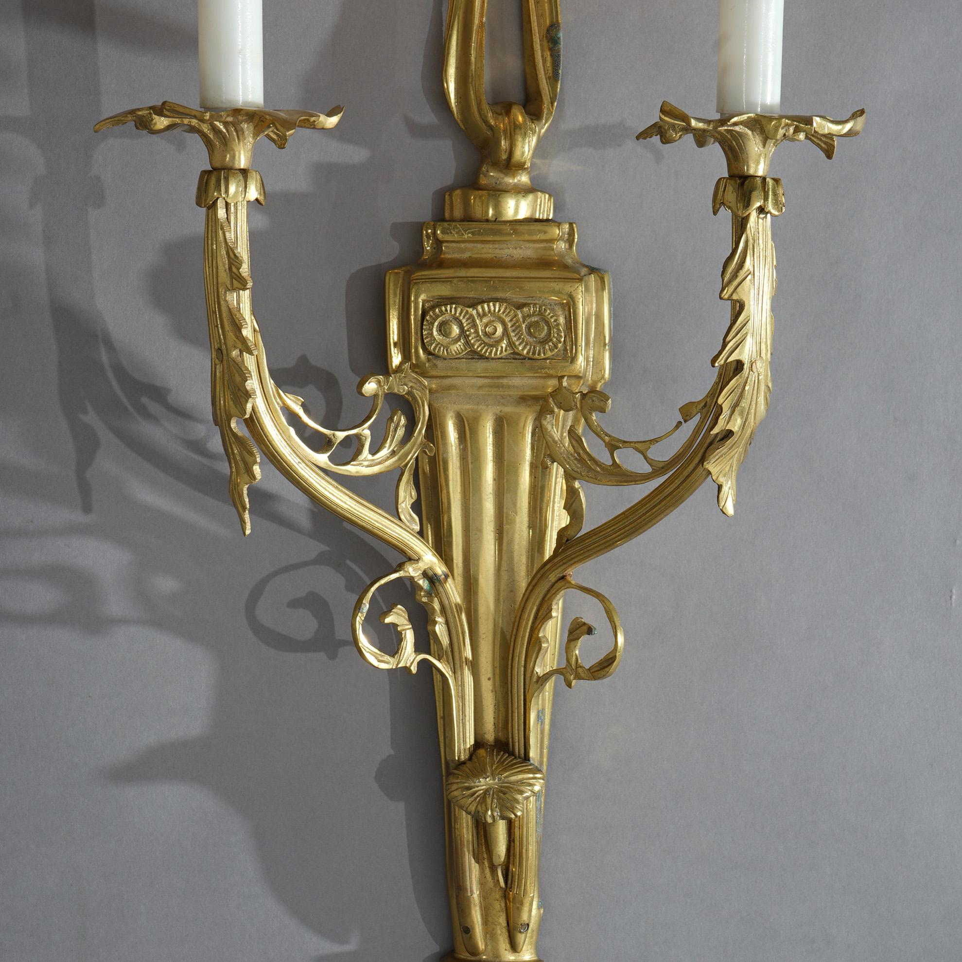 Pair French Empire Style Gilt Bronze Double-Light Wall Sconces 20th C In Good Condition In Big Flats, NY