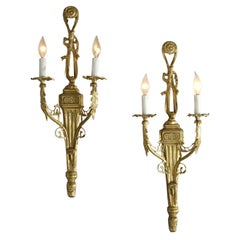Pair French Empire Style Gilt Bronze Double-Light Wall Sconces 20th C