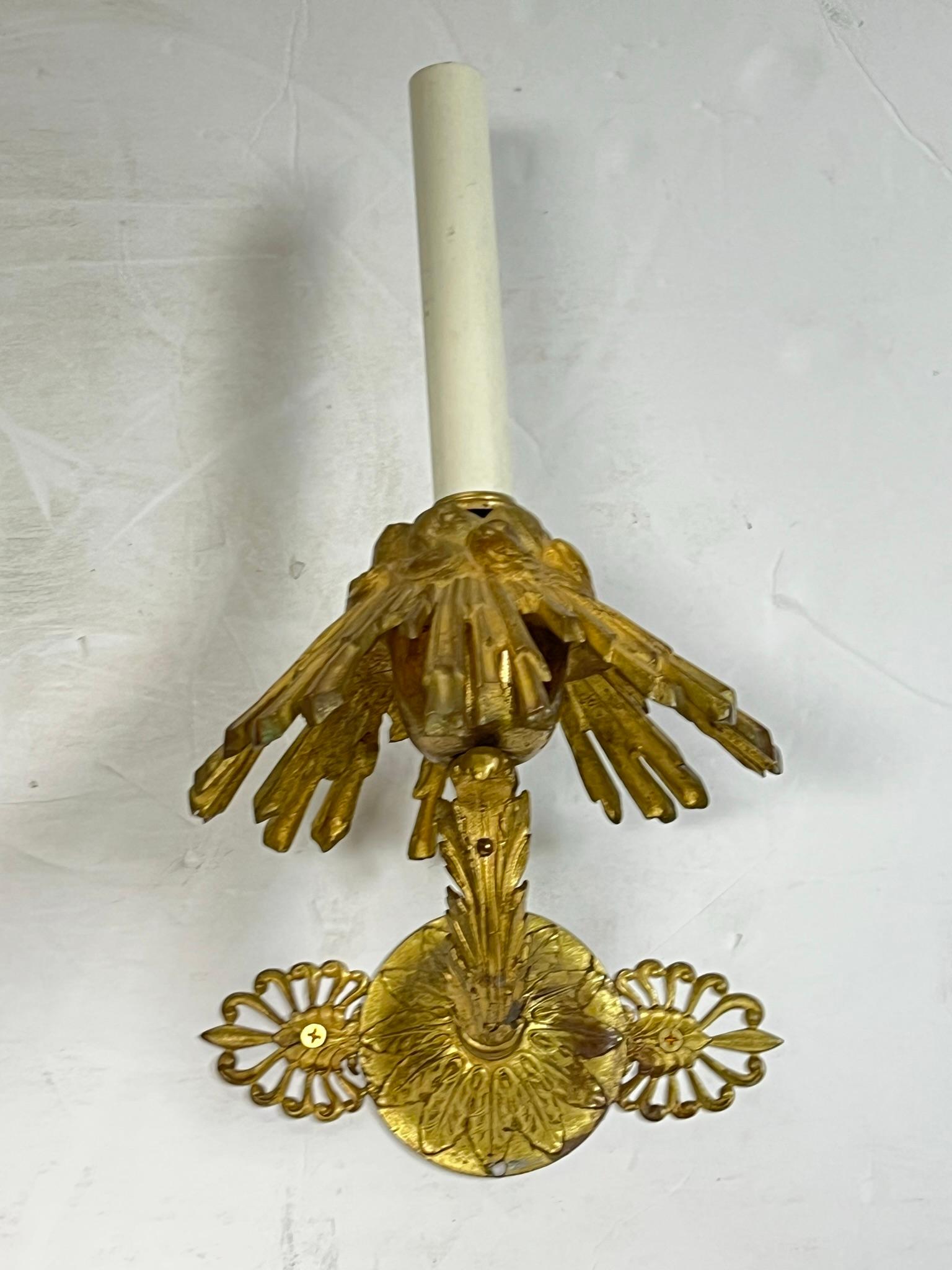 19th Century Pair French Empire Style Gilt Metal Sconces with Sunburst Motif For Sale