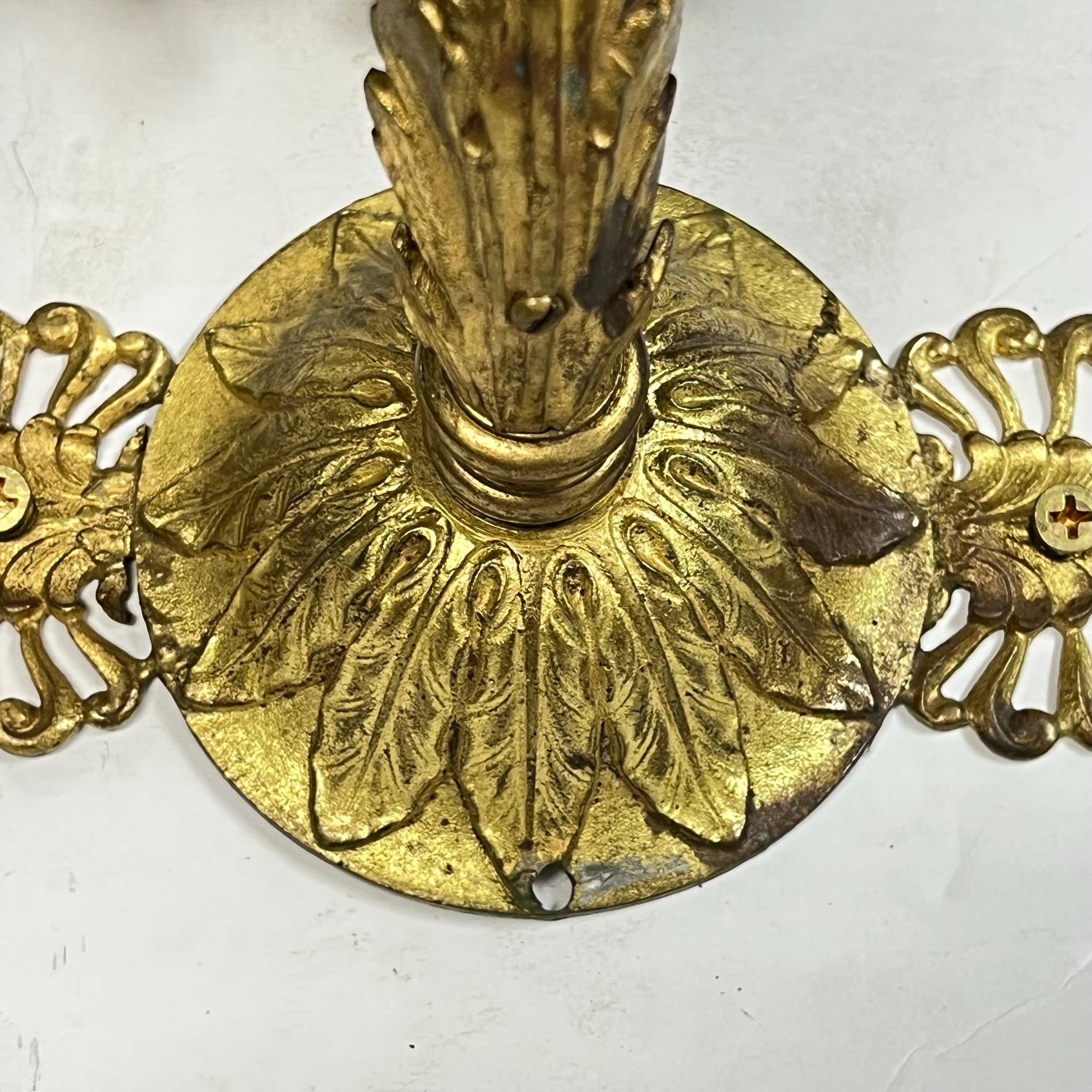 Bronze Pair French Empire Style Gilt Metal Sconces with Sunburst Motif For Sale
