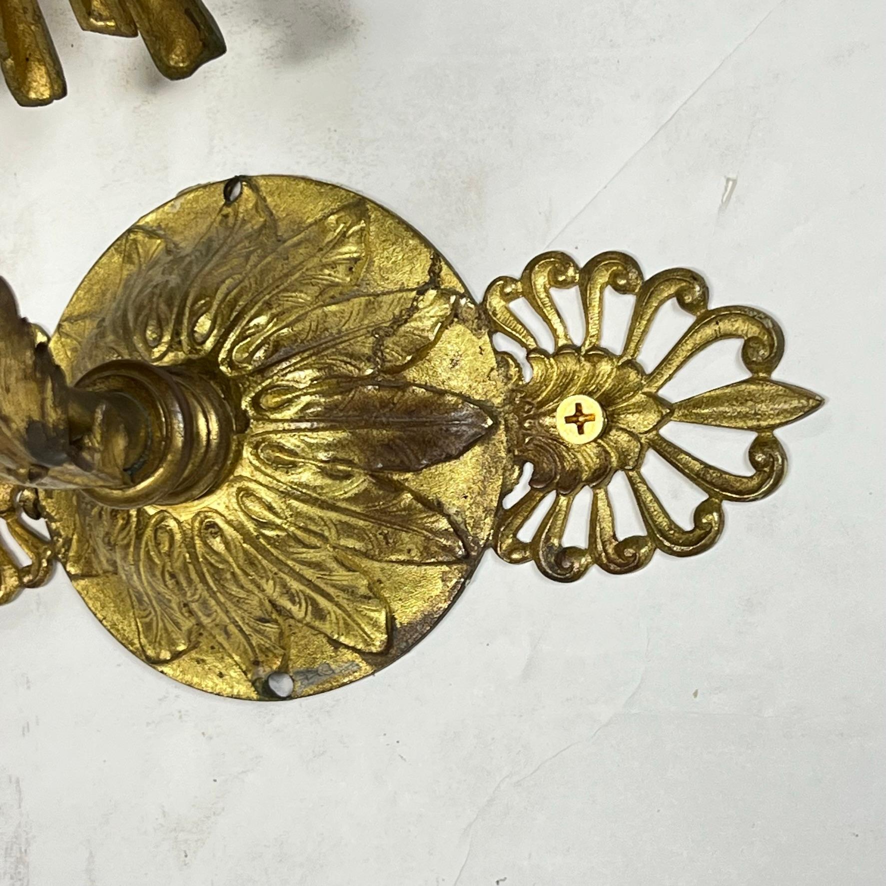 Pair French Empire Style Gilt Metal Sconces with Sunburst Motif For Sale 1