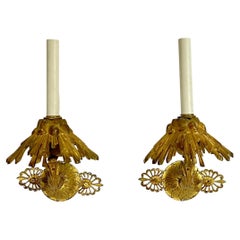 Pair French Empire Style Gilt Metal Sconces with Sunburst Motif