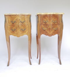 Pair French Empire Style Kingwood & Marquetry Marble top Bedside chests