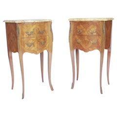 Pair French Empire Style Kingwood & Marquetry Marble top Bedside chests