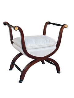 Pair French Empire Style Mahogany Curule Benches with Ebonized & Gilt Highlights