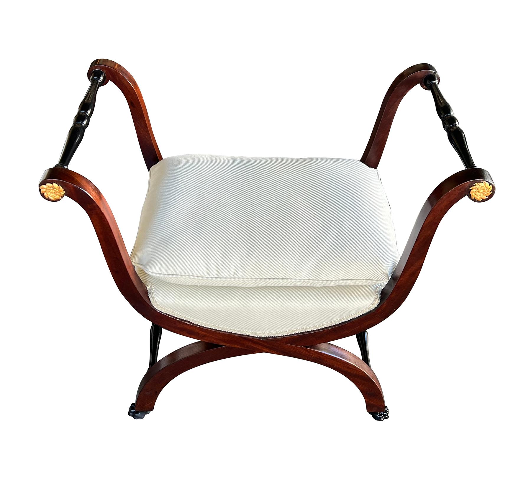 Late 19th Century Pair French Empire Style Mahogany Curule Benches with Ebonized & Gilt Highlights For Sale
