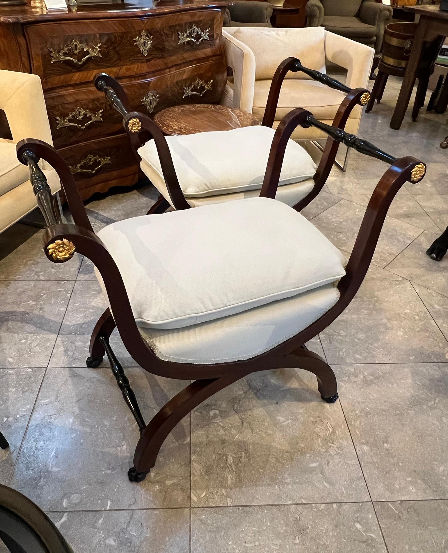 Pair French Empire Style Mahogany Curule Benches with Ebonized & Gilt Highlights For Sale 2
