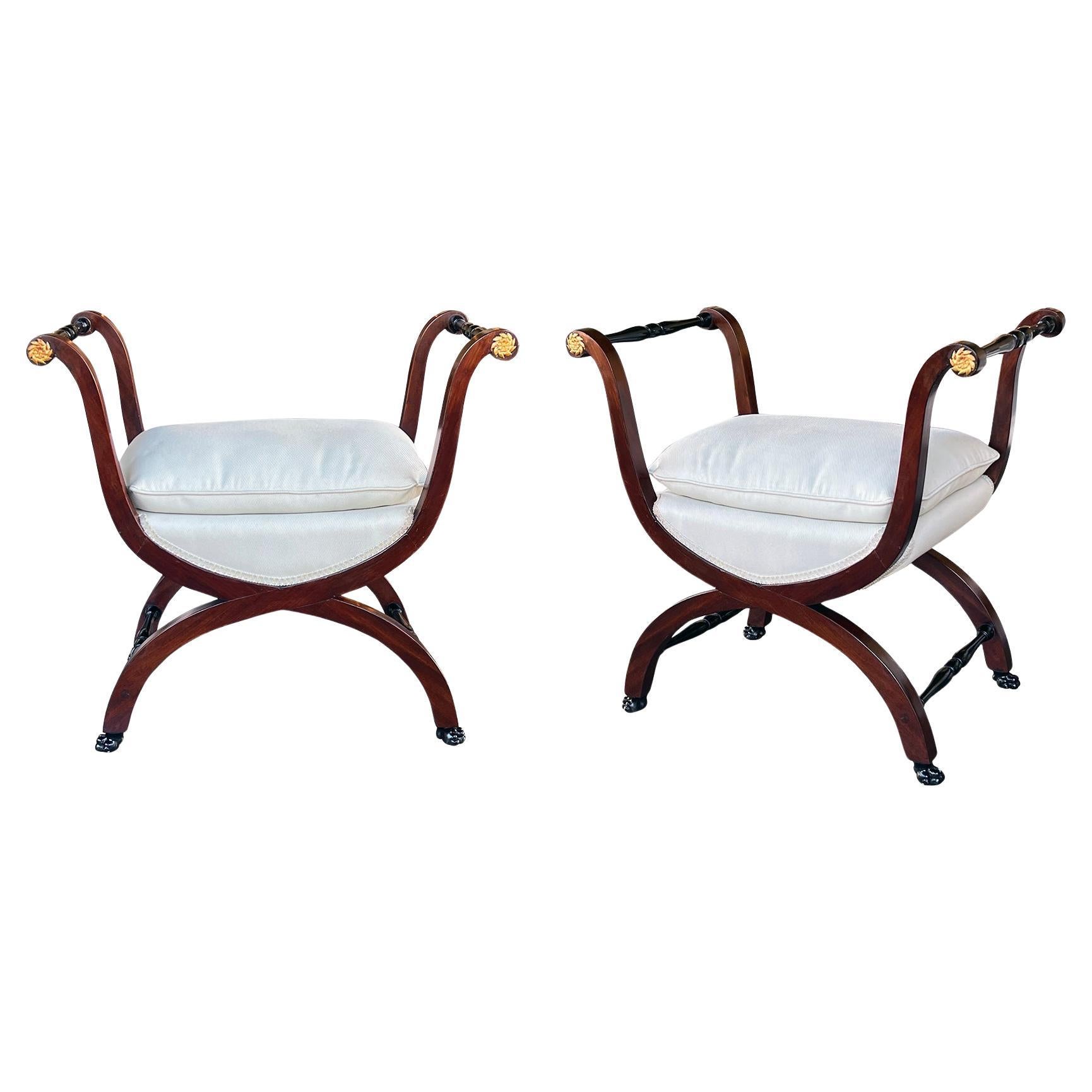 Pair French Empire Style Mahogany Curule Benches with Ebonized & Gilt Highlights For Sale