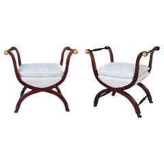 Pair French Empire Style Mahogany Curule Benches with Ebonized & Gilt Highlights