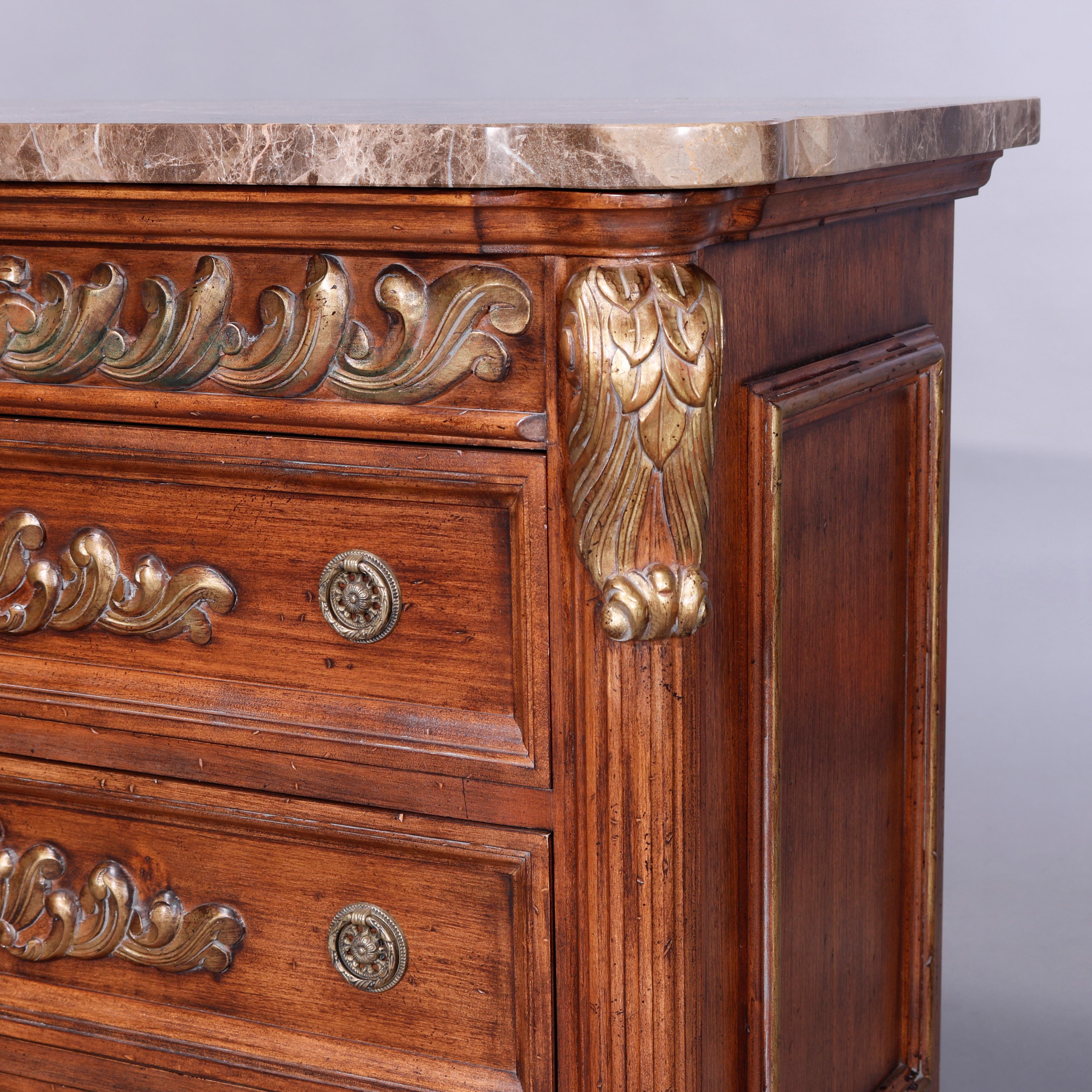 Pair French Empire Style Marble Top Mahogany Parcel Gilt Carved Commodes 20th C In Good Condition In Big Flats, NY