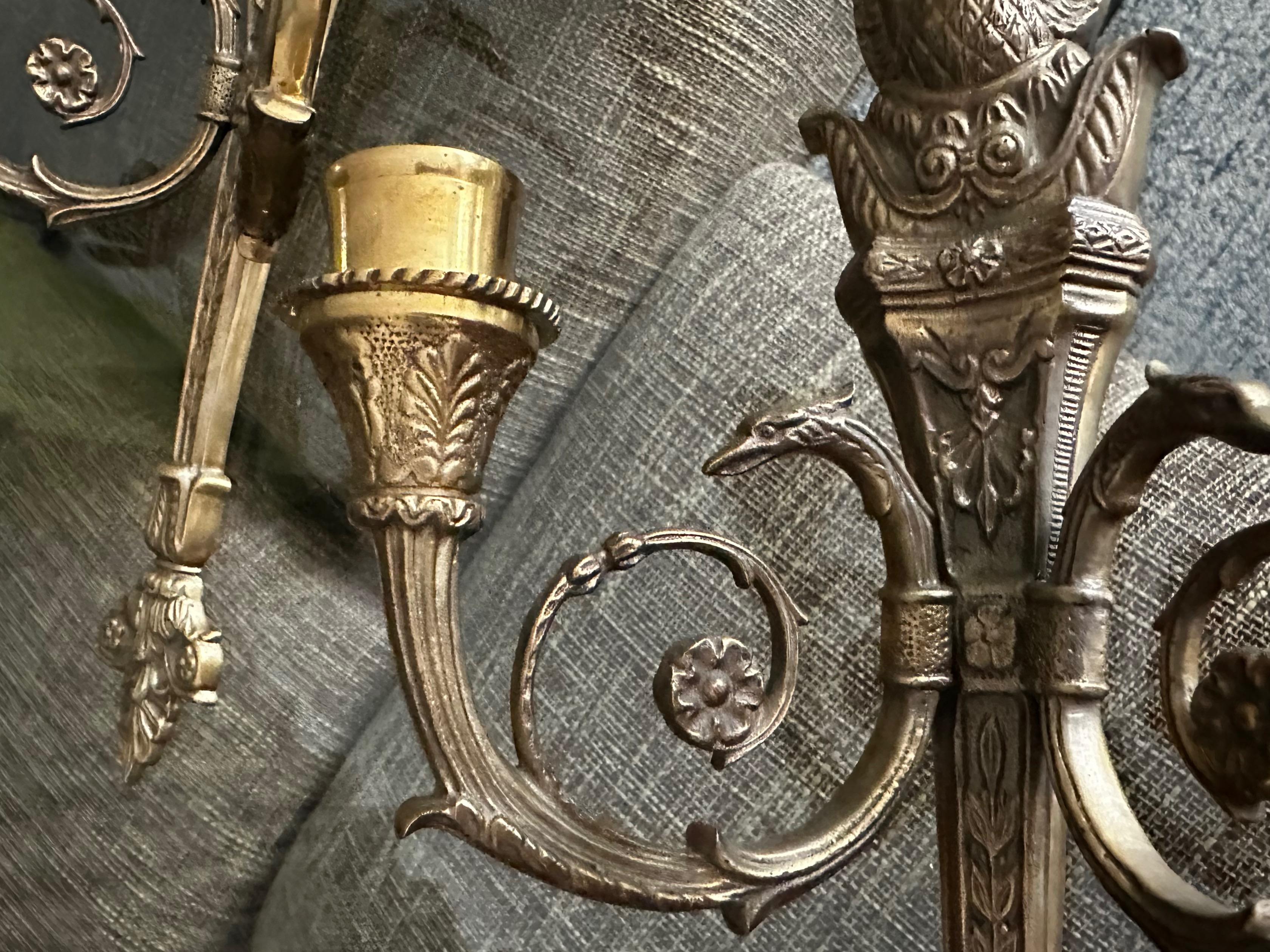 Pair French Empire Style Swan Candle Wall Sconces 5