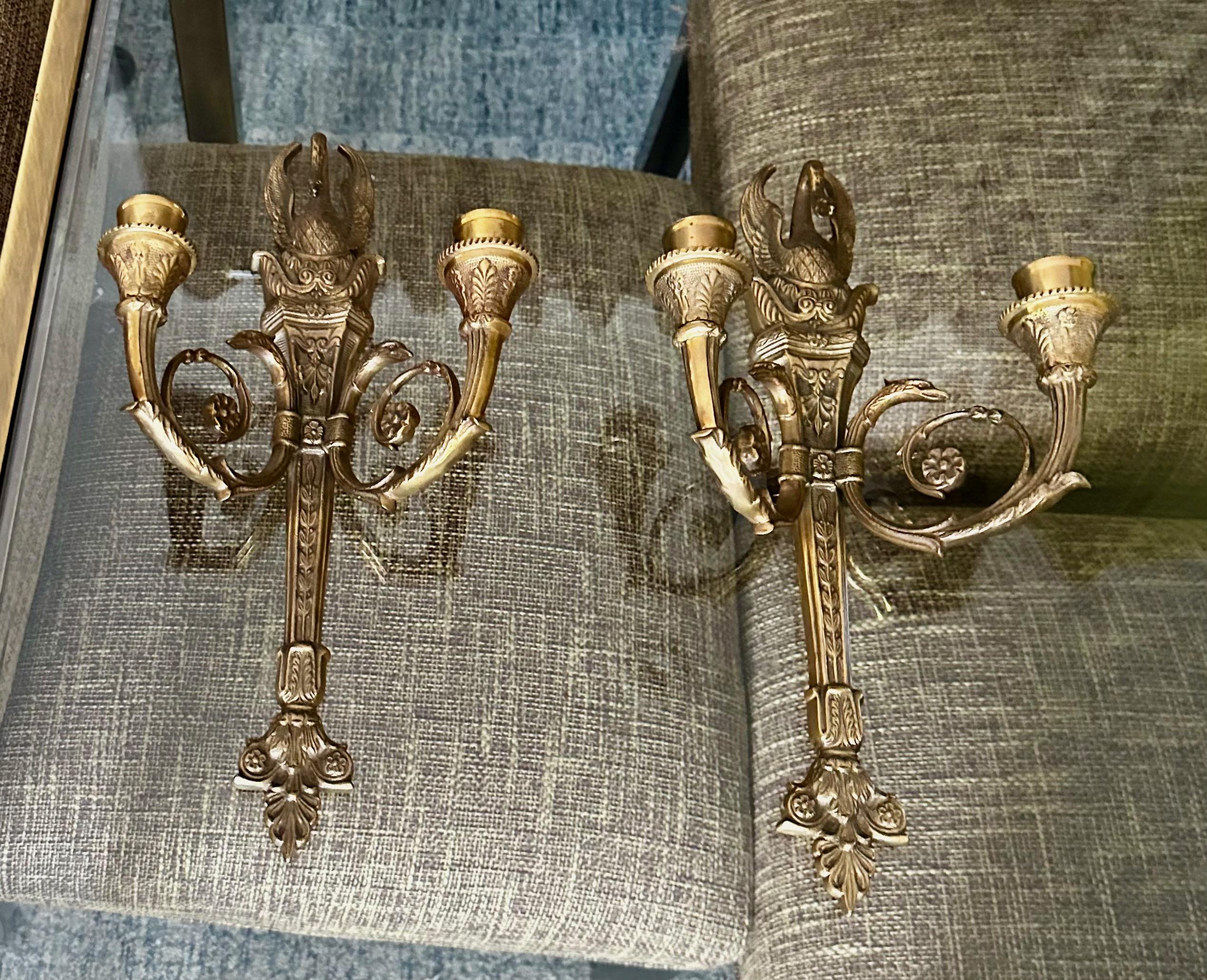 Pair French Empire Style Swan Candle Wall Sconces 6