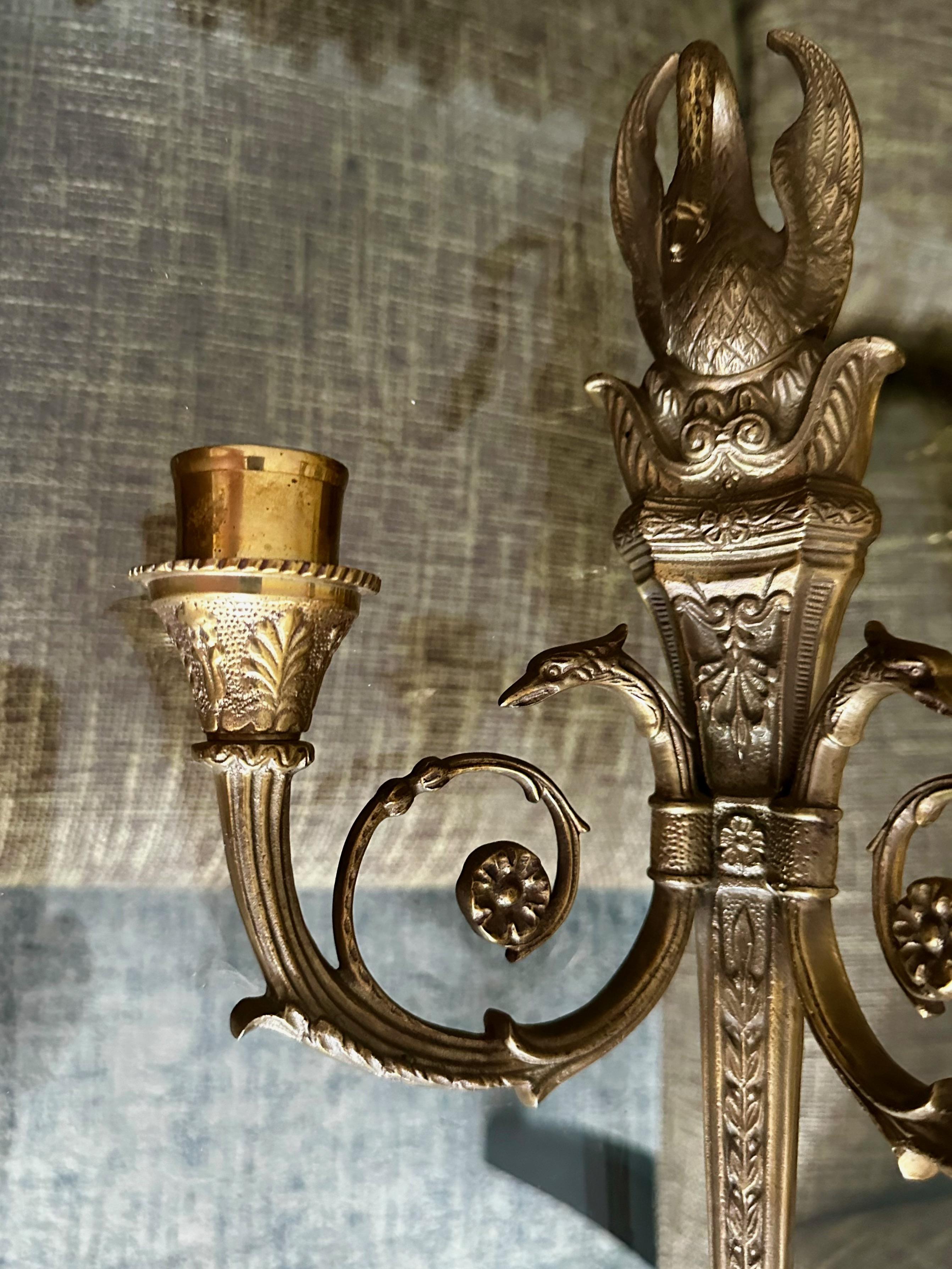 Pair French Empire Style Swan Candle Wall Sconces 8