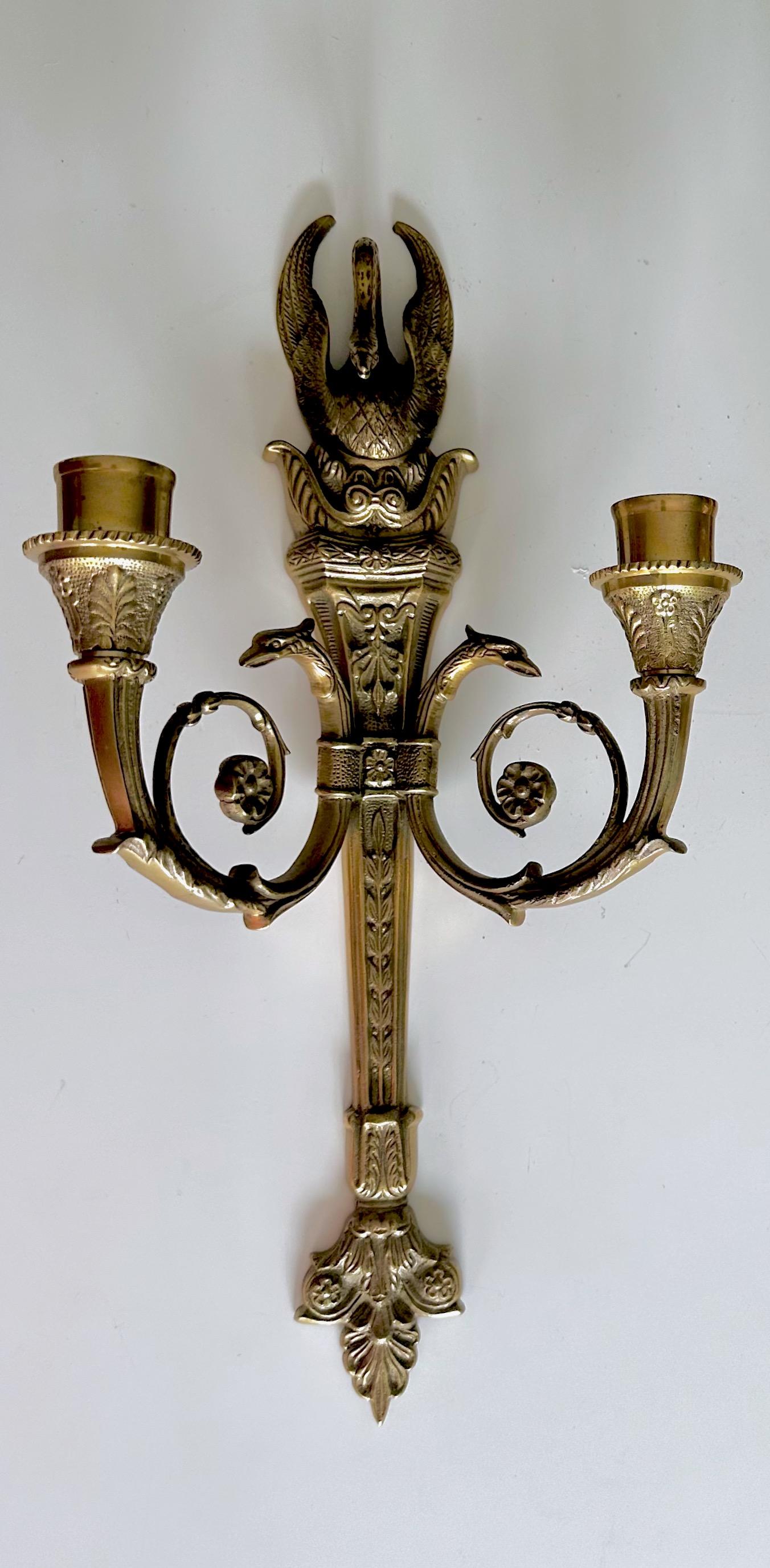 Pair French Empire Style Swan Candle Wall Sconces For Sale 9