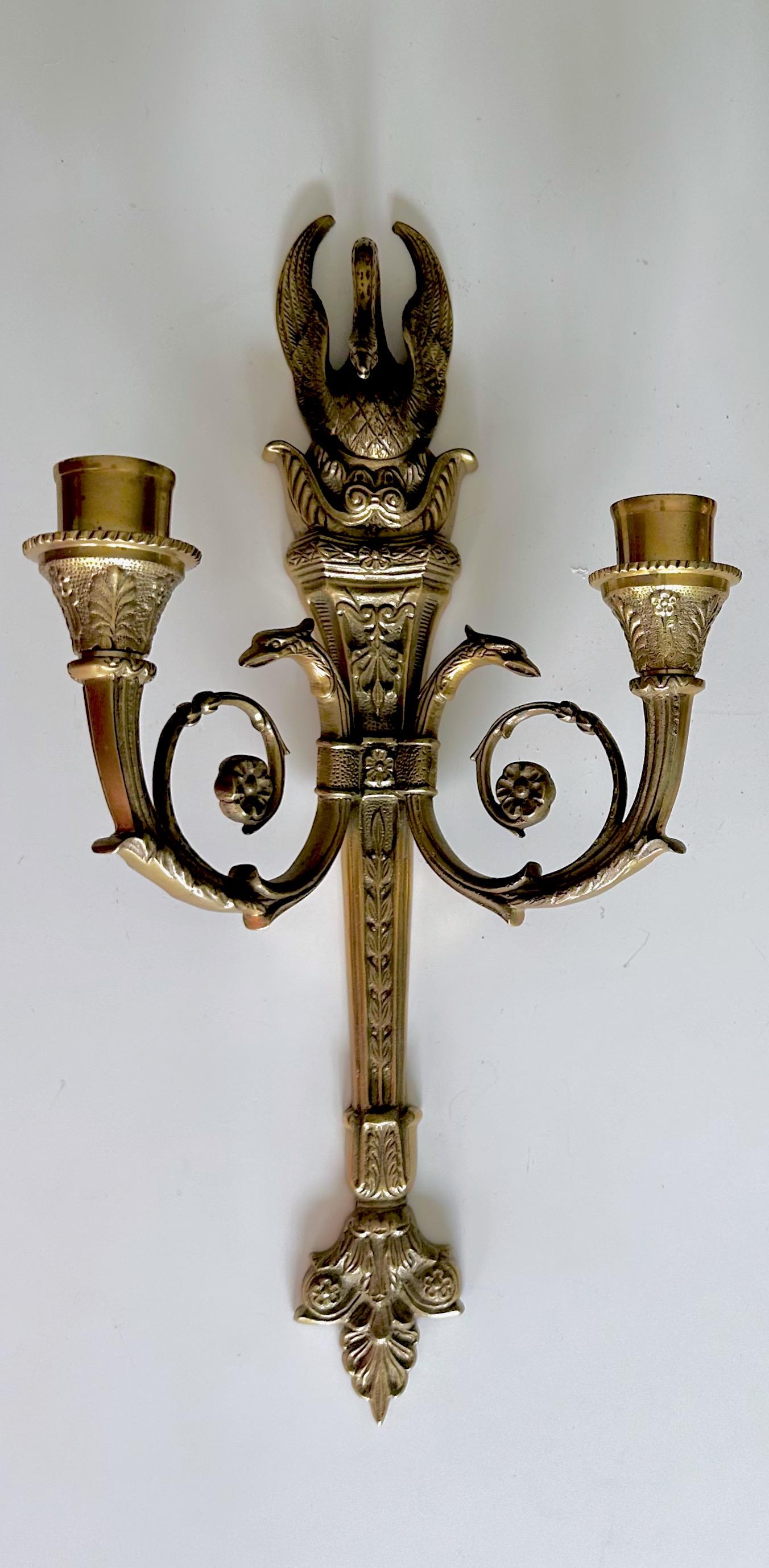 Pair French Empire Style Swan Candle Wall Sconces 9