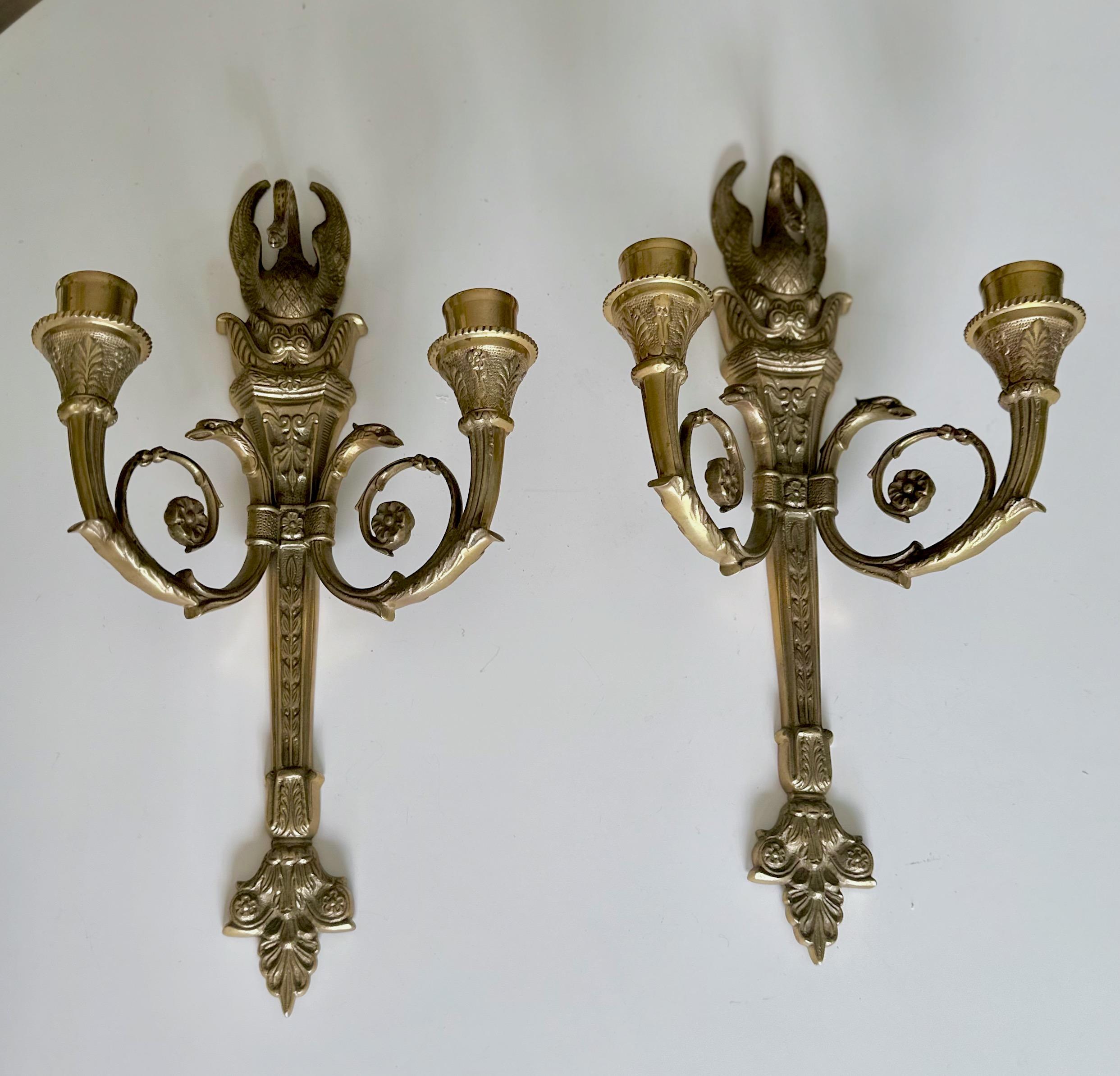 Pair French Empire Style Swan Candle Wall Sconces For Sale 10