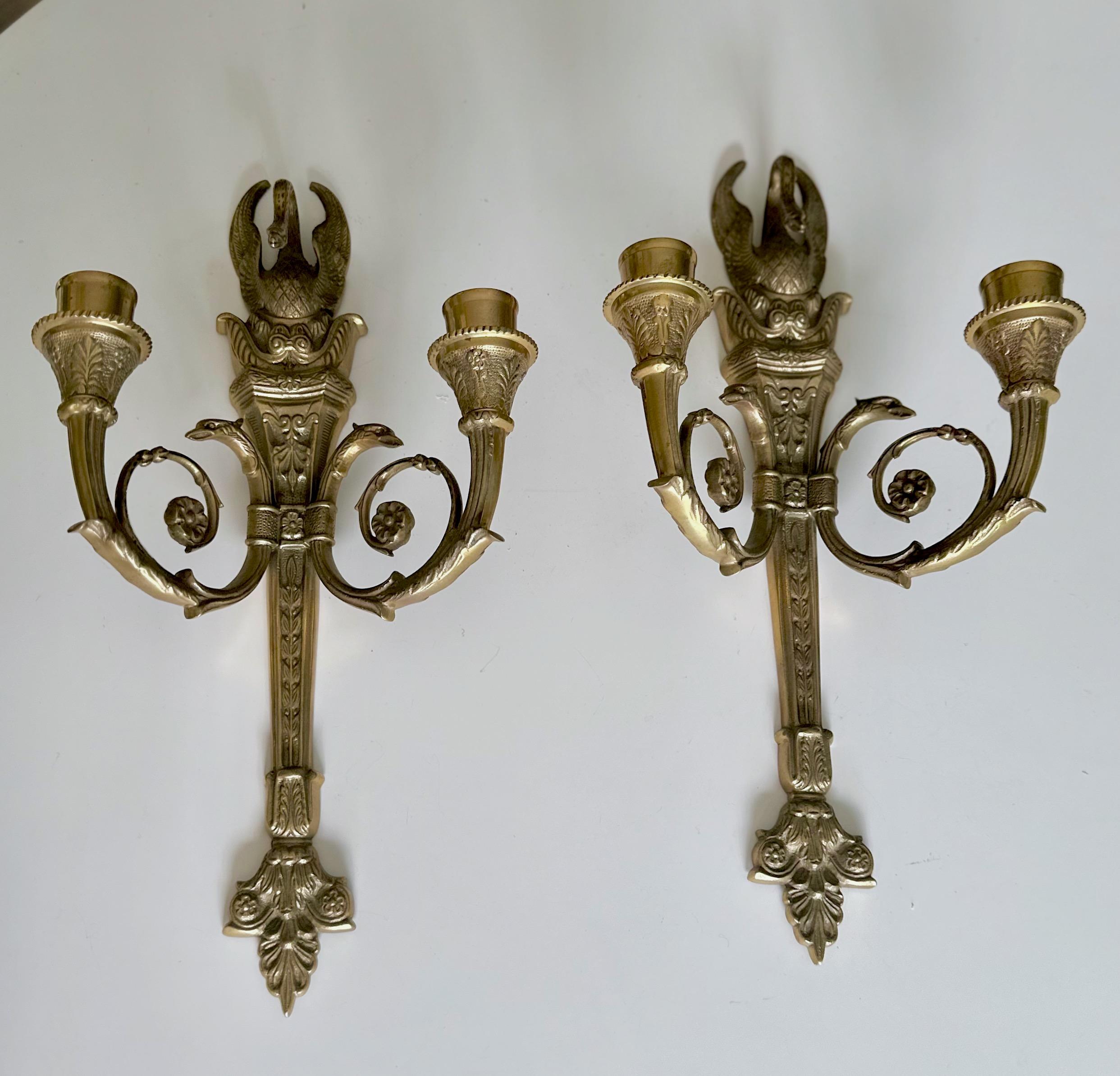 Pair French Empire Style Swan Candle Wall Sconces 10