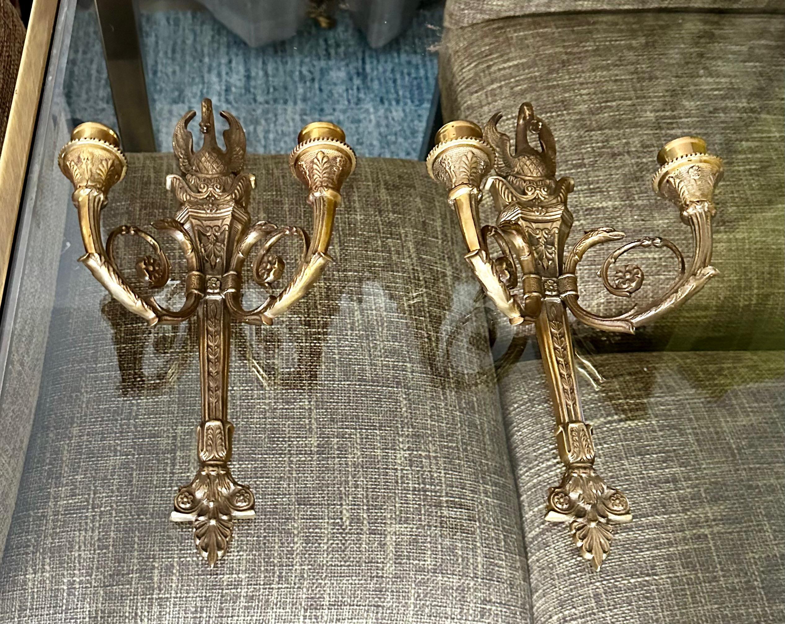 Pair French Empire Style Swan Candle Wall Sconces 11