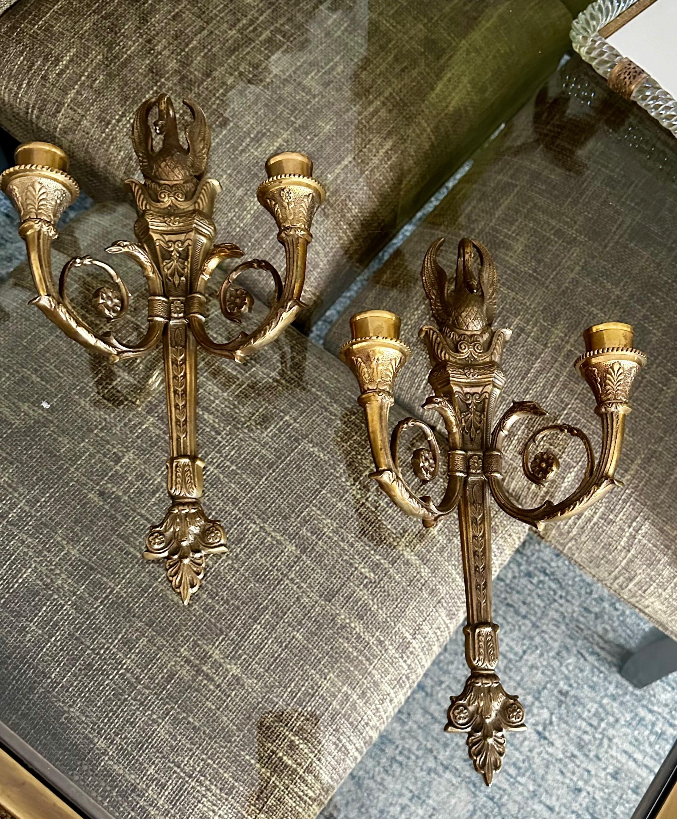Pair French Empire Style Swan Candle Wall Sconces 15