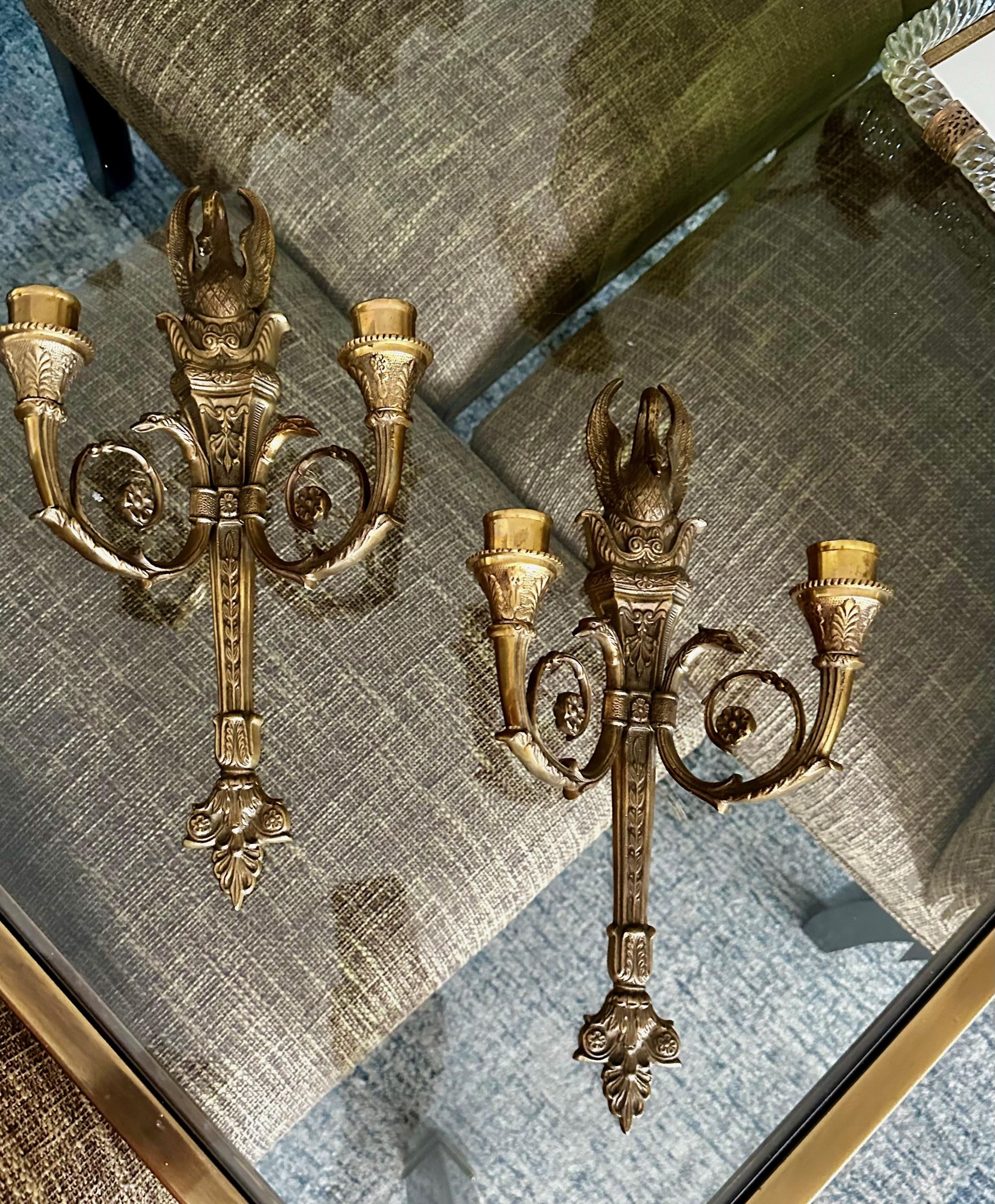 Pair French Empire Style Swan Candle Wall Sconces In Good Condition For Sale In Palm Springs, CA