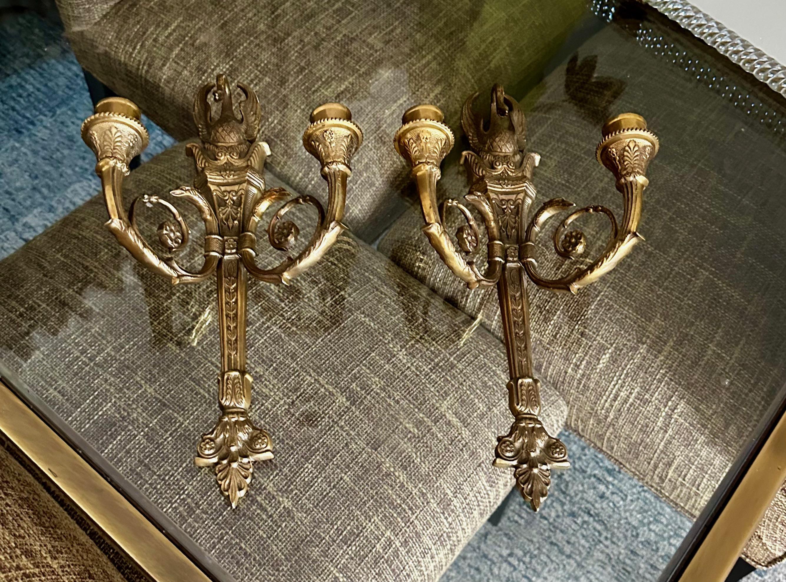 Mid-20th Century Pair French Empire Style Swan Candle Wall Sconces For Sale