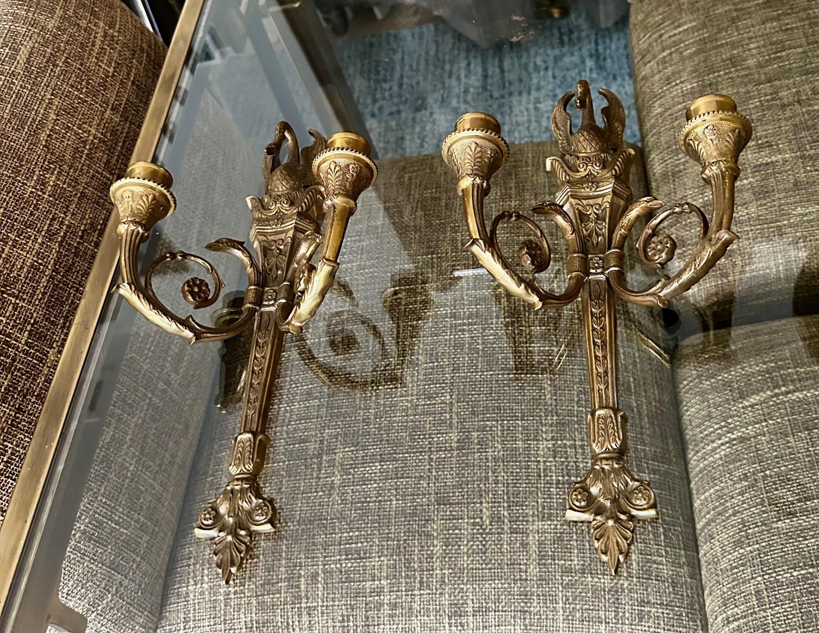 Pair French Empire Style Swan Candle Wall Sconces 1