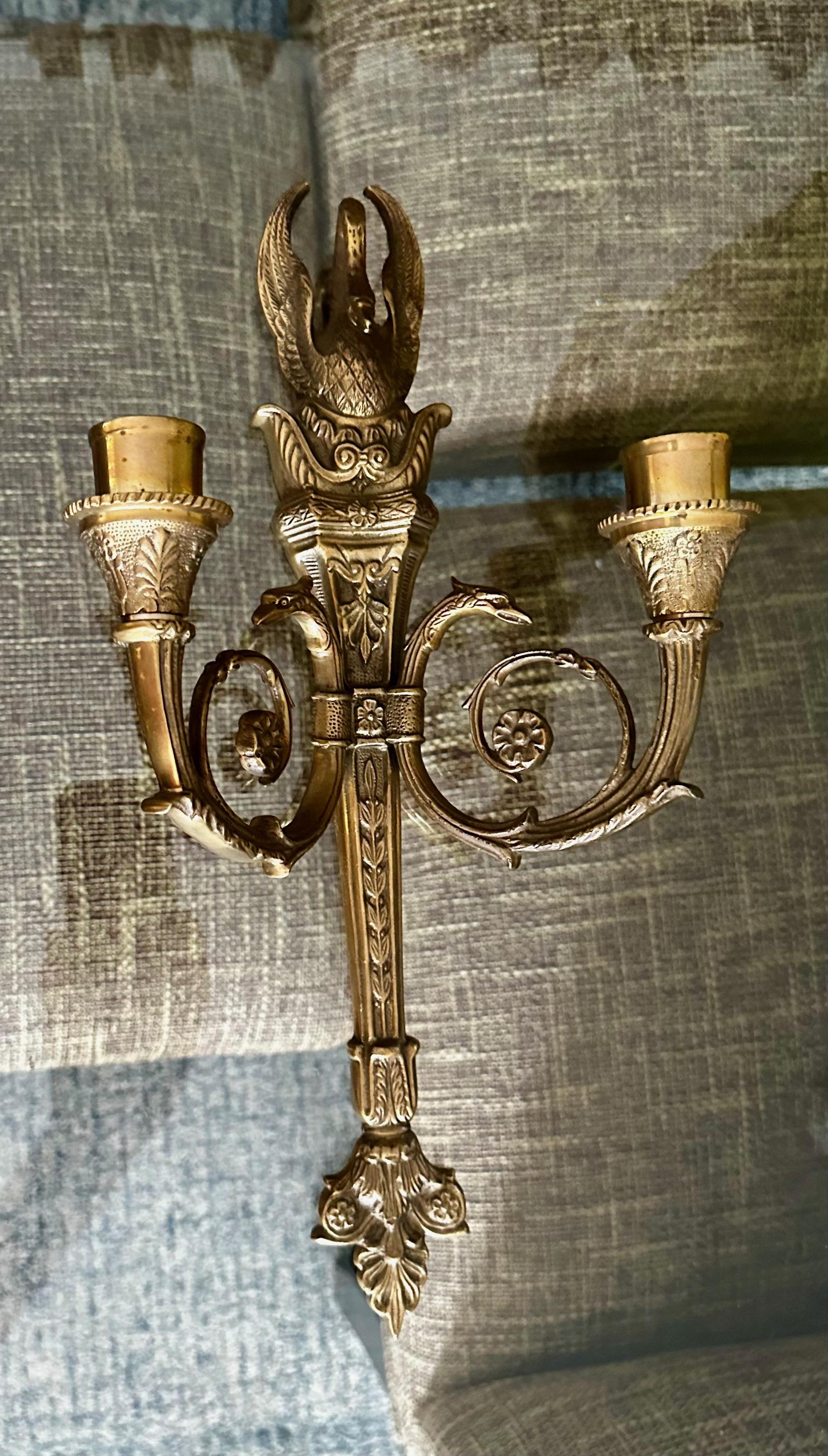 Pair French Empire Style Swan Candle Wall Sconces 2