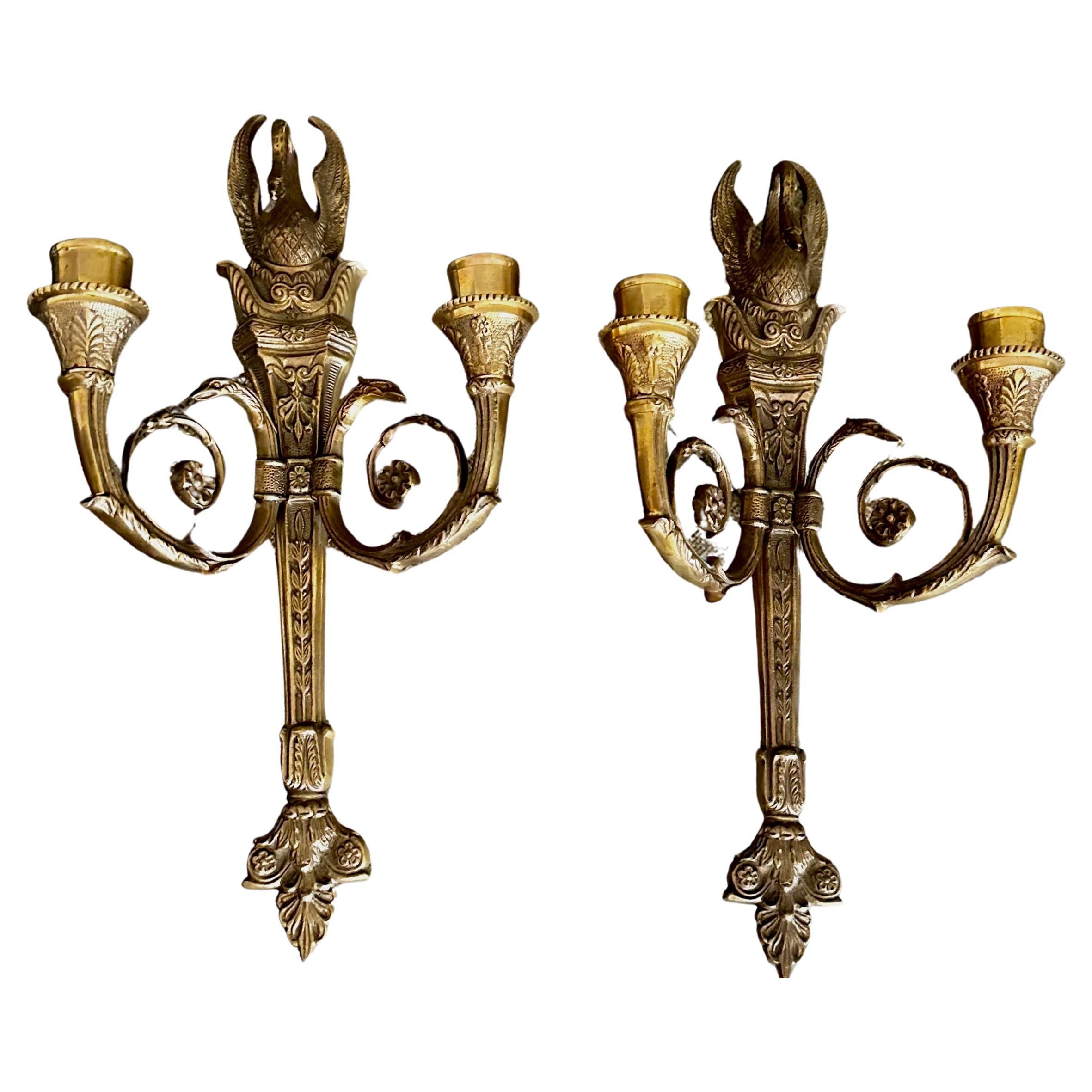 Pair French Empire Style Swan Candle Wall Sconces