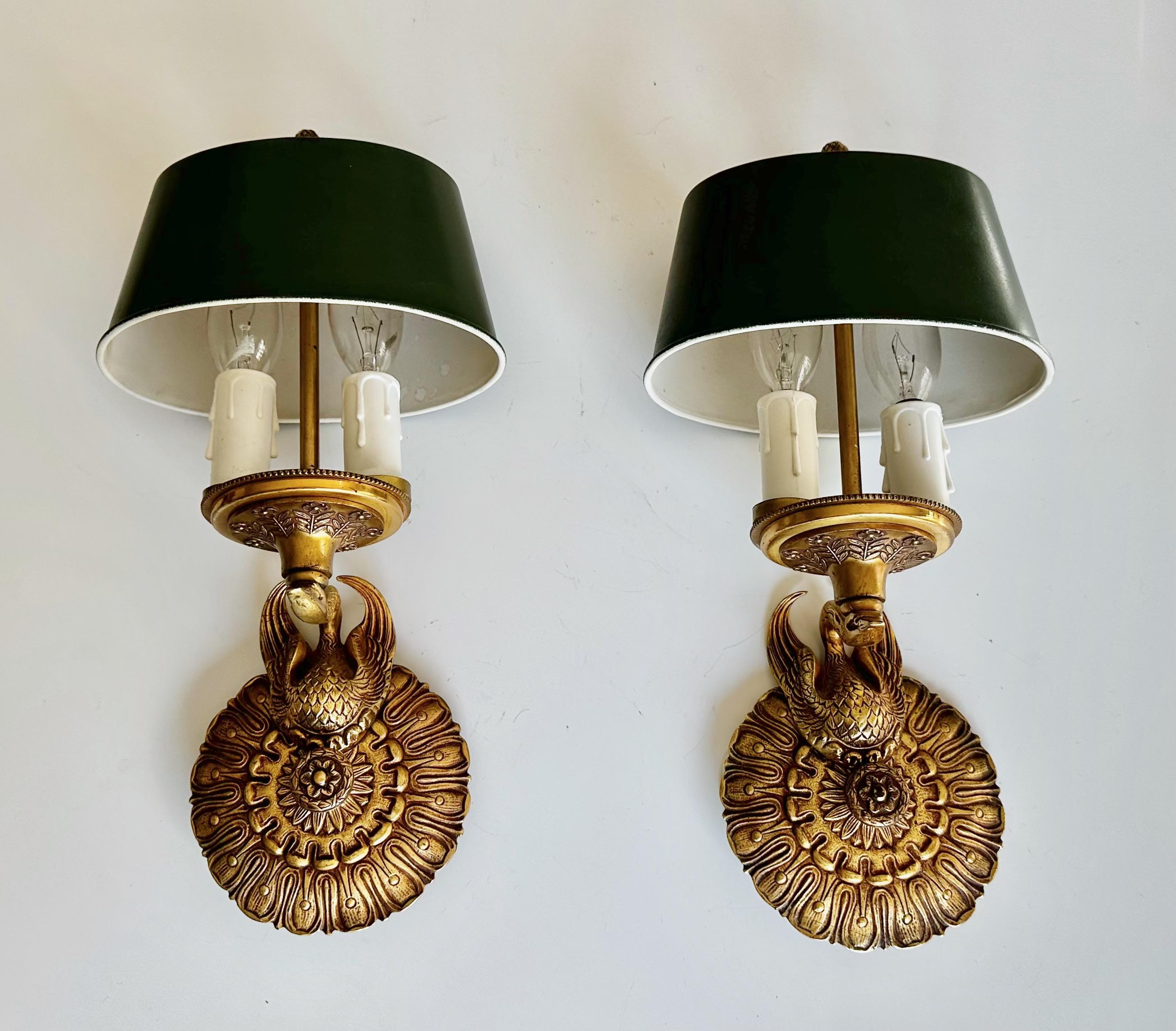 Pair French Empire Style Swan Tole Shade Wall Sconces 12